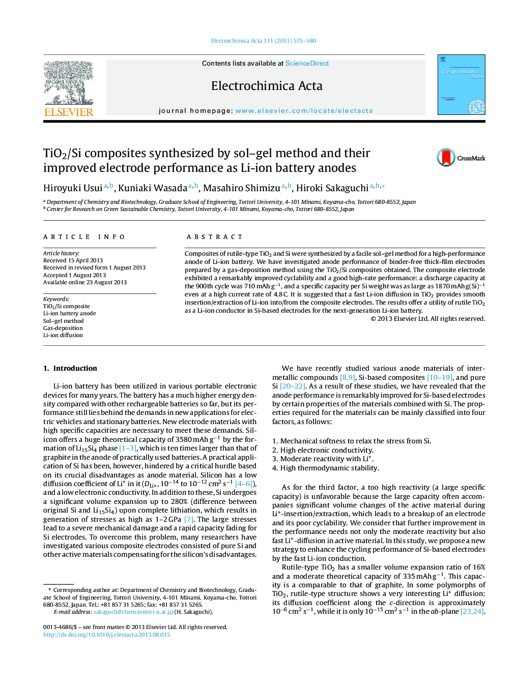 TiO2/Si composites synthesized by sol–gel method and their improved electrode performance as Li-ion battery anodes