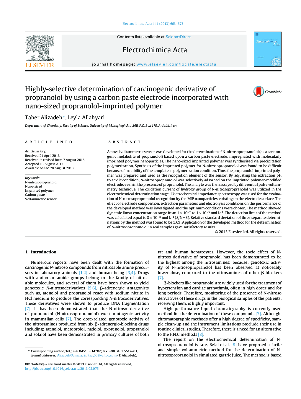 Highly-selective determination of carcinogenic derivative of propranolol by using a carbon paste electrode incorporated with nano-sized propranolol-imprinted polymer