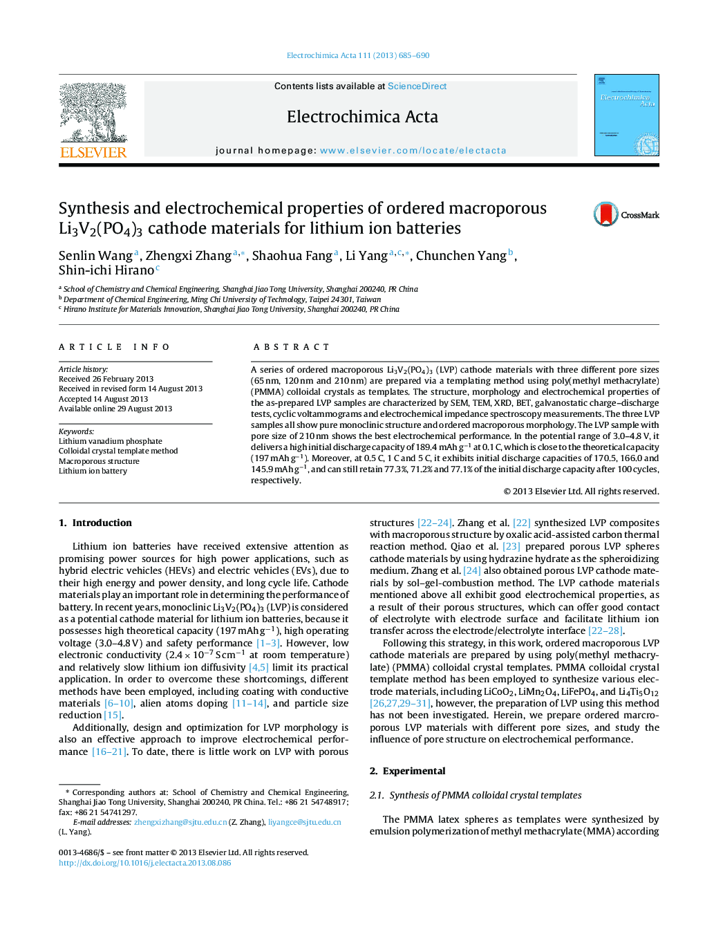 Synthesis and electrochemical properties of ordered macroporous Li3V2(PO4)3 cathode materials for lithium ion batteries