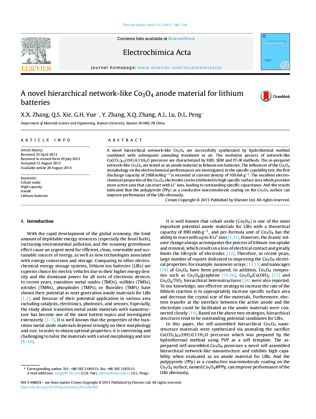 A novel hierarchical network-like Co3O4 anode material for lithium batteries