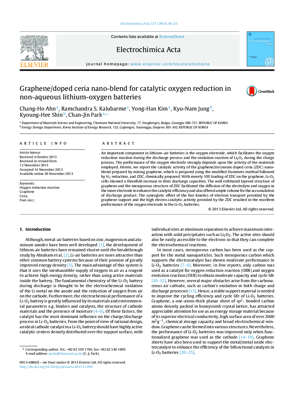 Graphene/doped ceria nano-blend for catalytic oxygen reduction in non-aqueous lithium-oxygen batteries