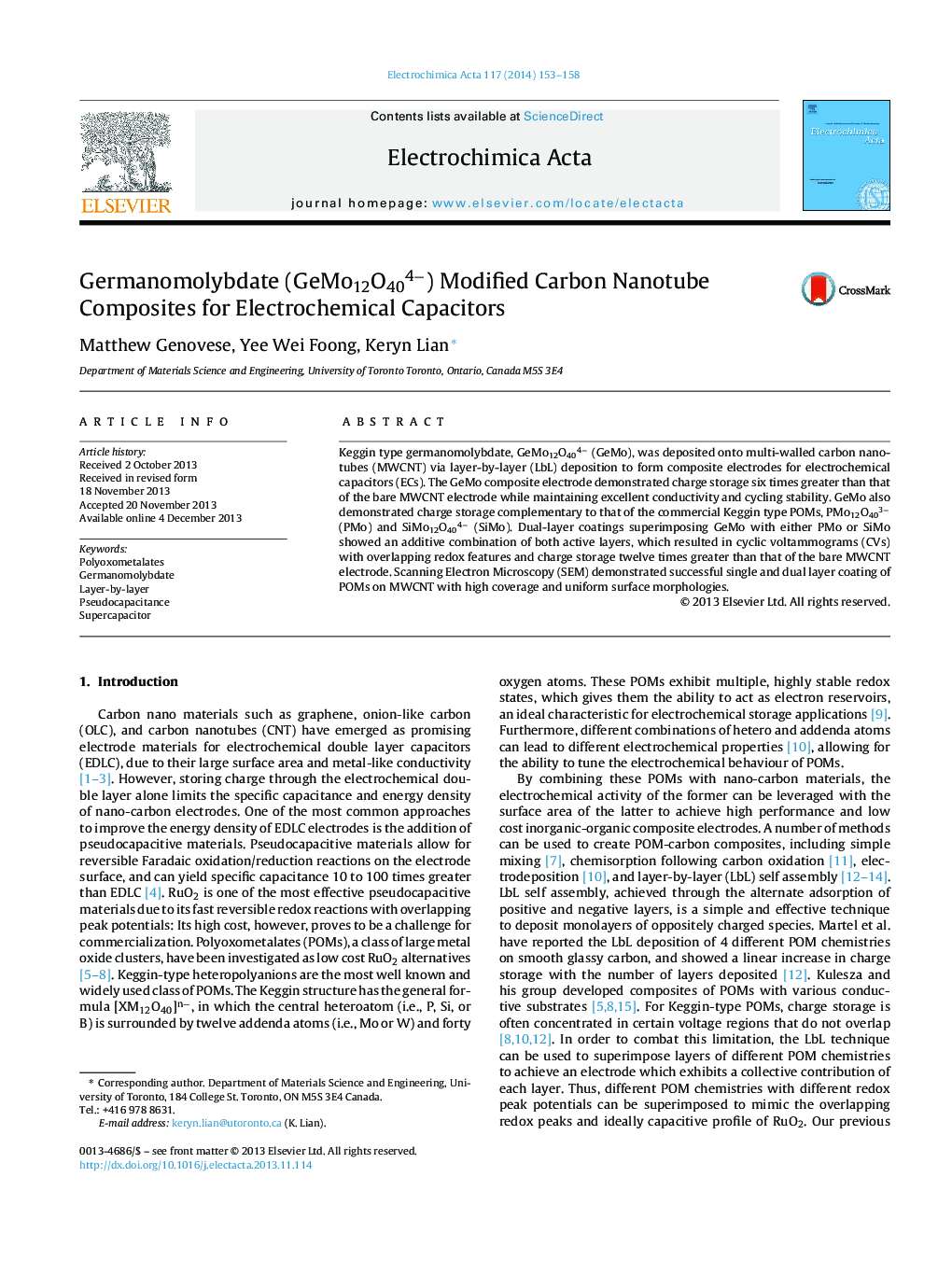 عکس صفحه اول مقاله: Germanomolybdate (GeMo12O404−) Modified Carbon Nanotube Composites for Electrochemical Capacitors Germanomolybdate (GeMo12O404−) Modified Carbon Nanotube Composites for Electrochemical Capacitors