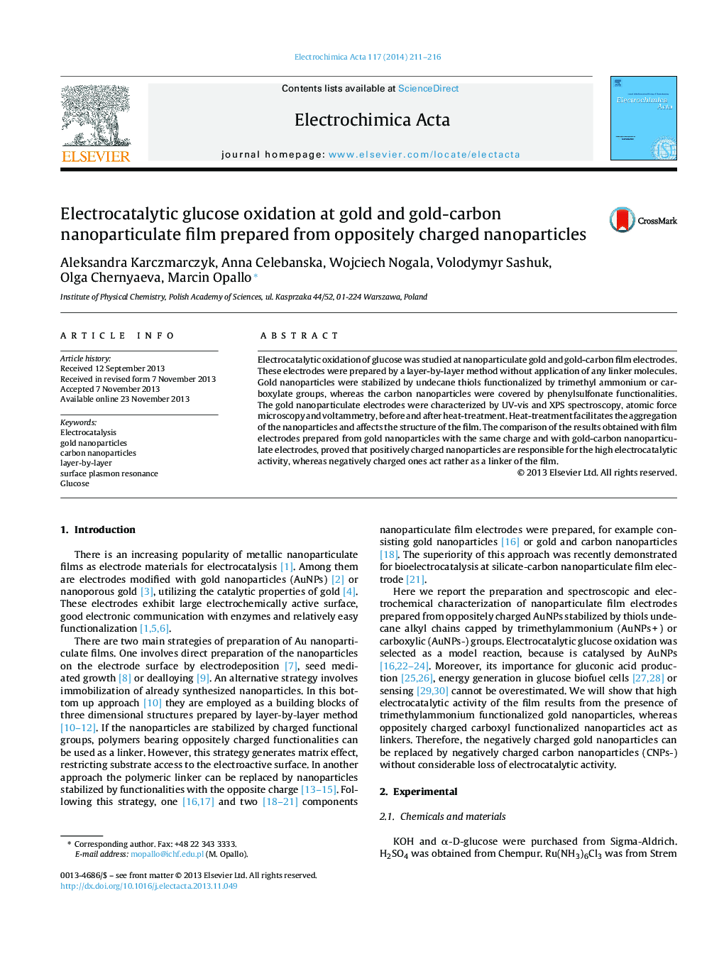 Electrocatalytic glucose oxidation at gold and gold-carbon nanoparticulate film prepared from oppositely charged nanoparticles