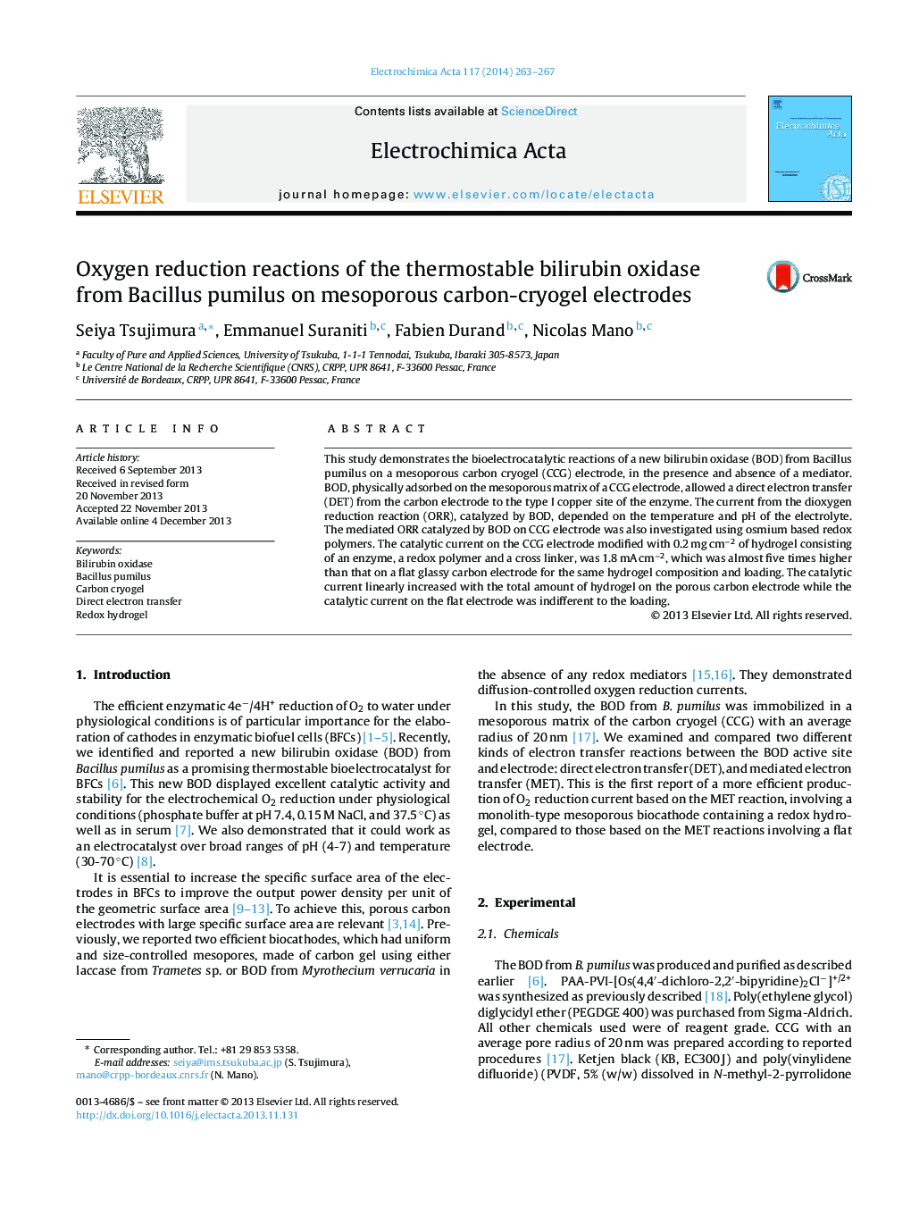 Oxygen reduction reactions of the thermostable bilirubin oxidase from Bacillus pumilus on mesoporous carbon-cryogel electrodes