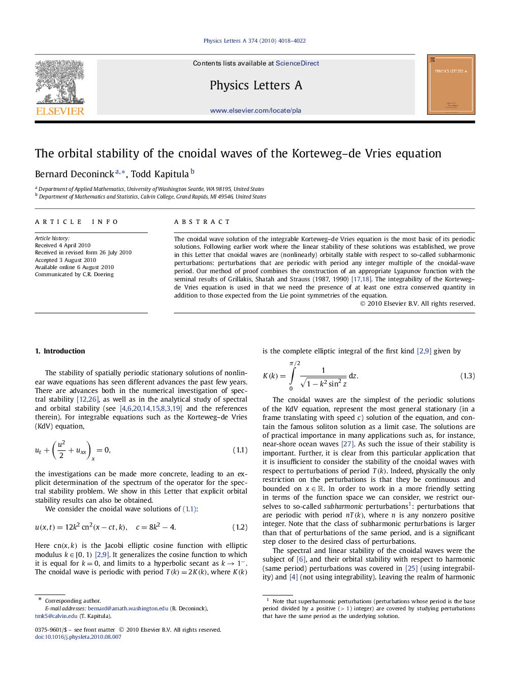 The orbital stability of the cnoidal waves of the Korteweg–de Vries equation