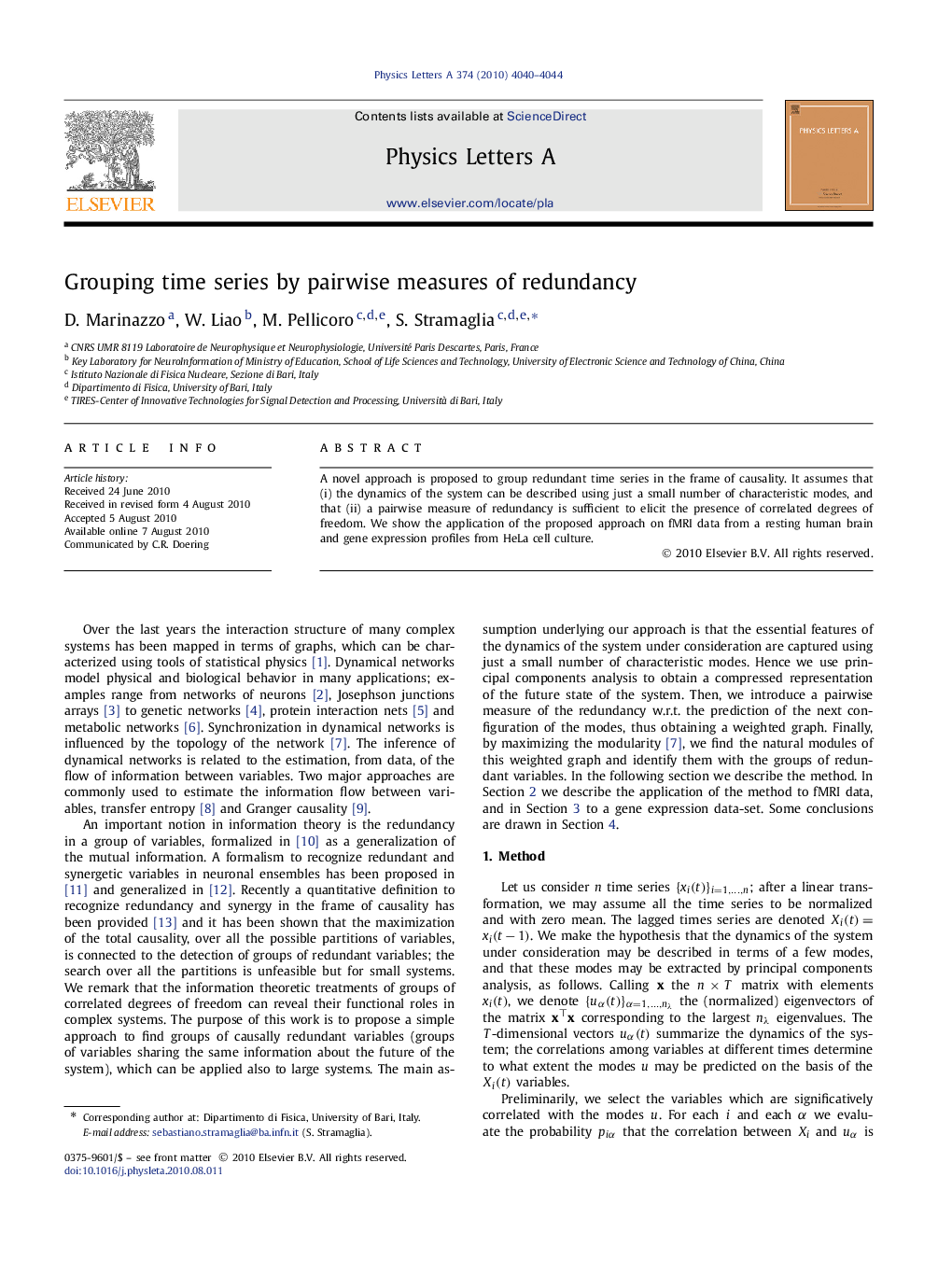 Grouping time series by pairwise measures of redundancy