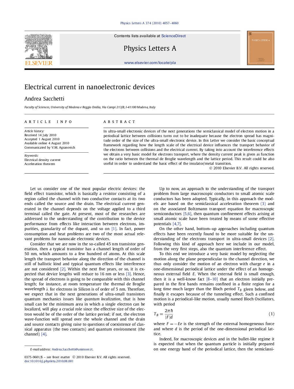 Electrical current in nanoelectronic devices