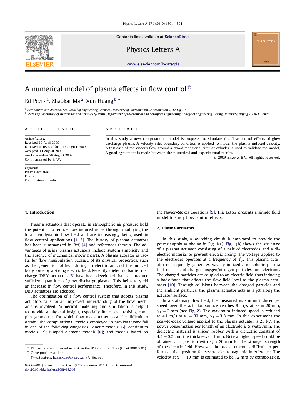 A numerical model of plasma effects in flow control 