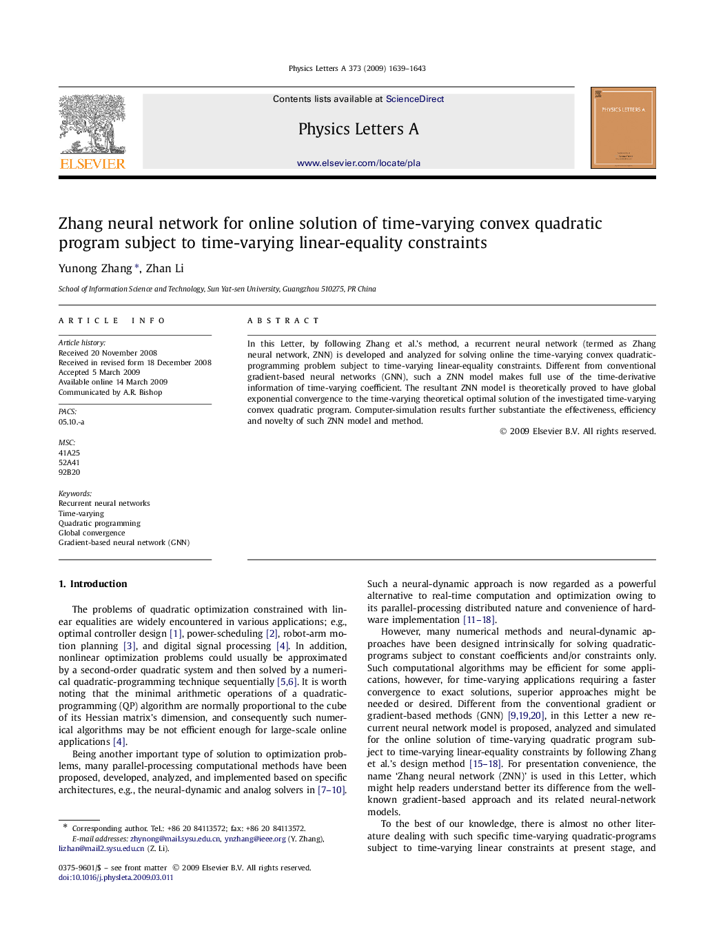 Zhang neural network for online solution of time-varying convex quadratic program subject to time-varying linear-equality constraints