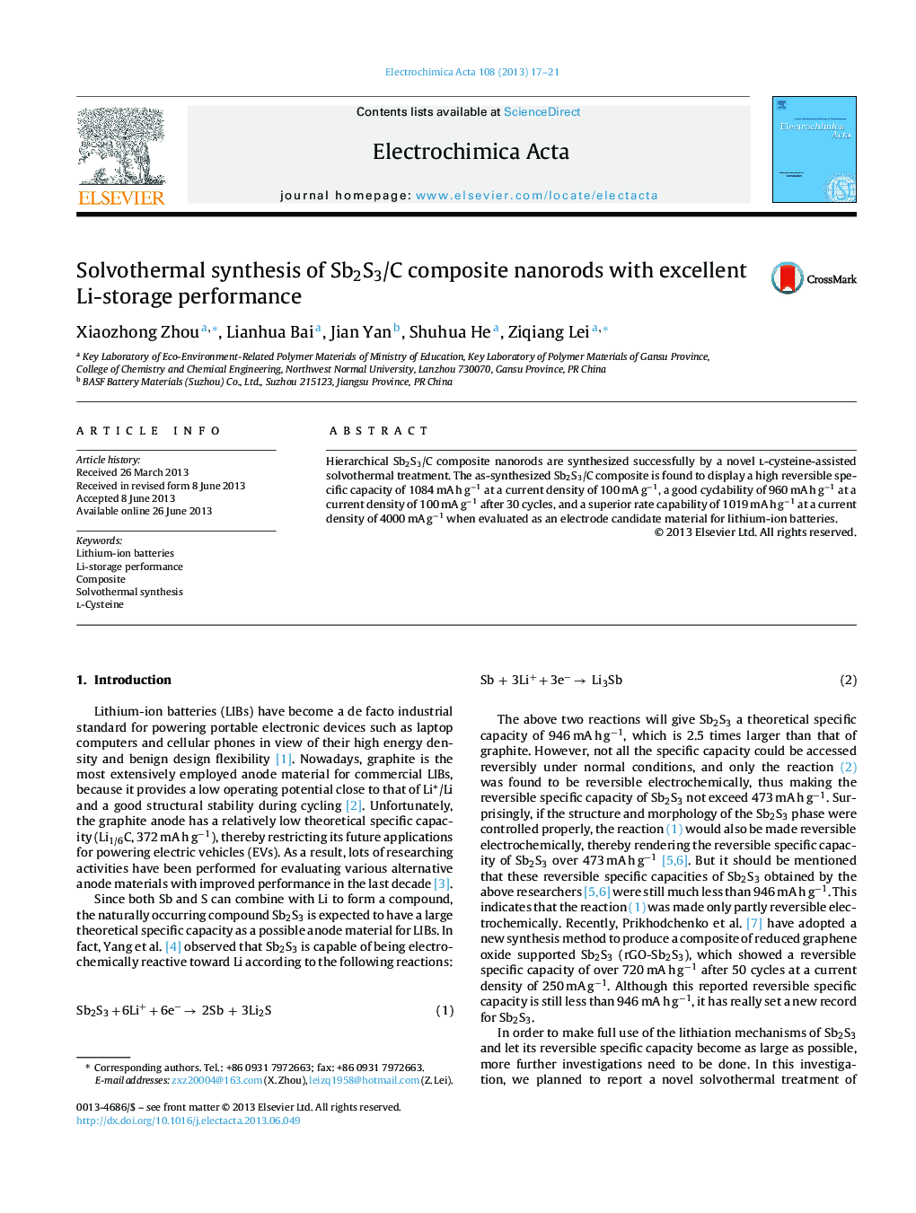 Solvothermal synthesis of Sb2S3/C composite nanorods with excellent Li-storage performance