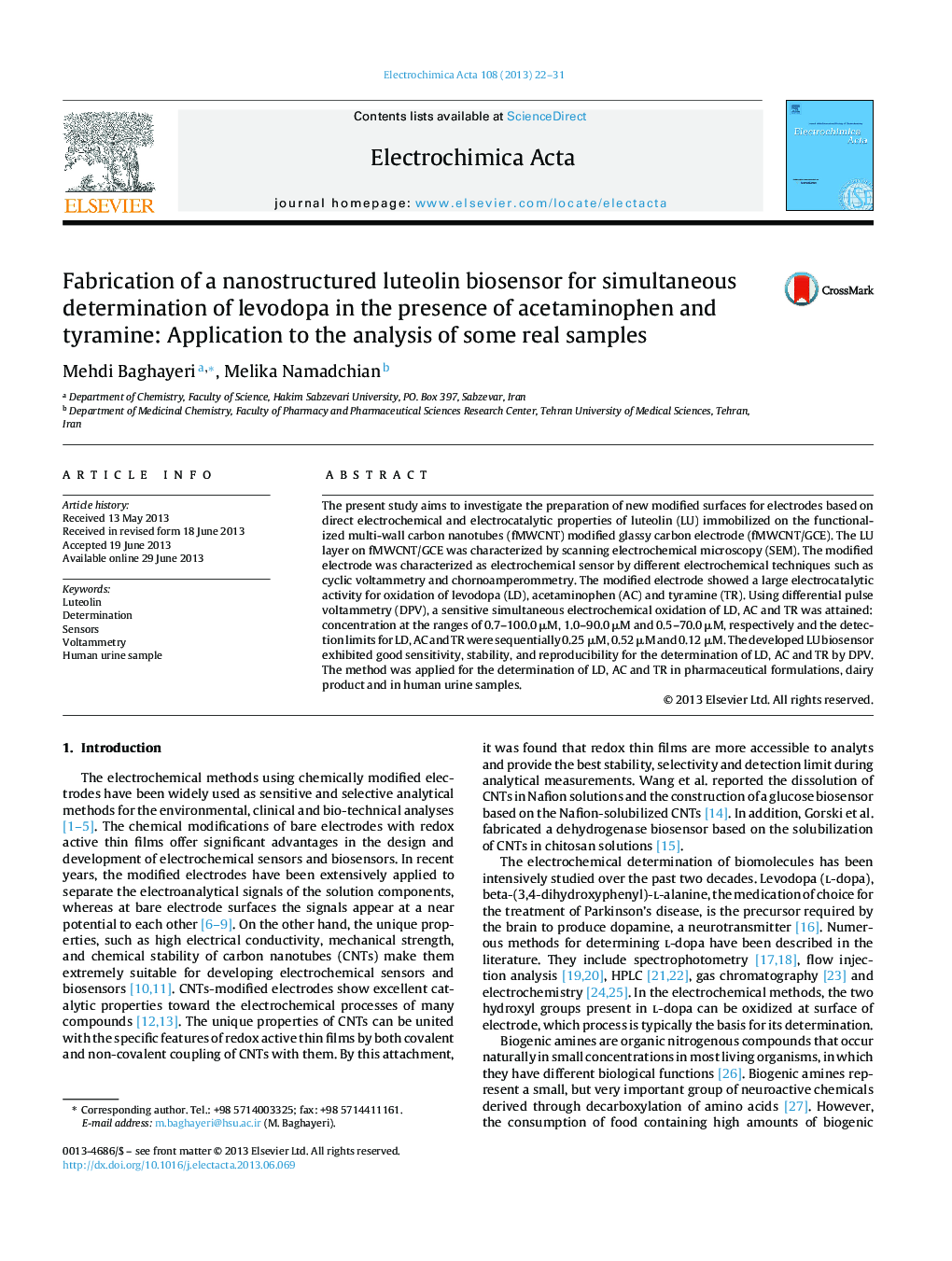 Fabrication of a nanostructured luteolin biosensor for simultaneous determination of levodopa in the presence of acetaminophen and tyramine: Application to the analysis of some real samples