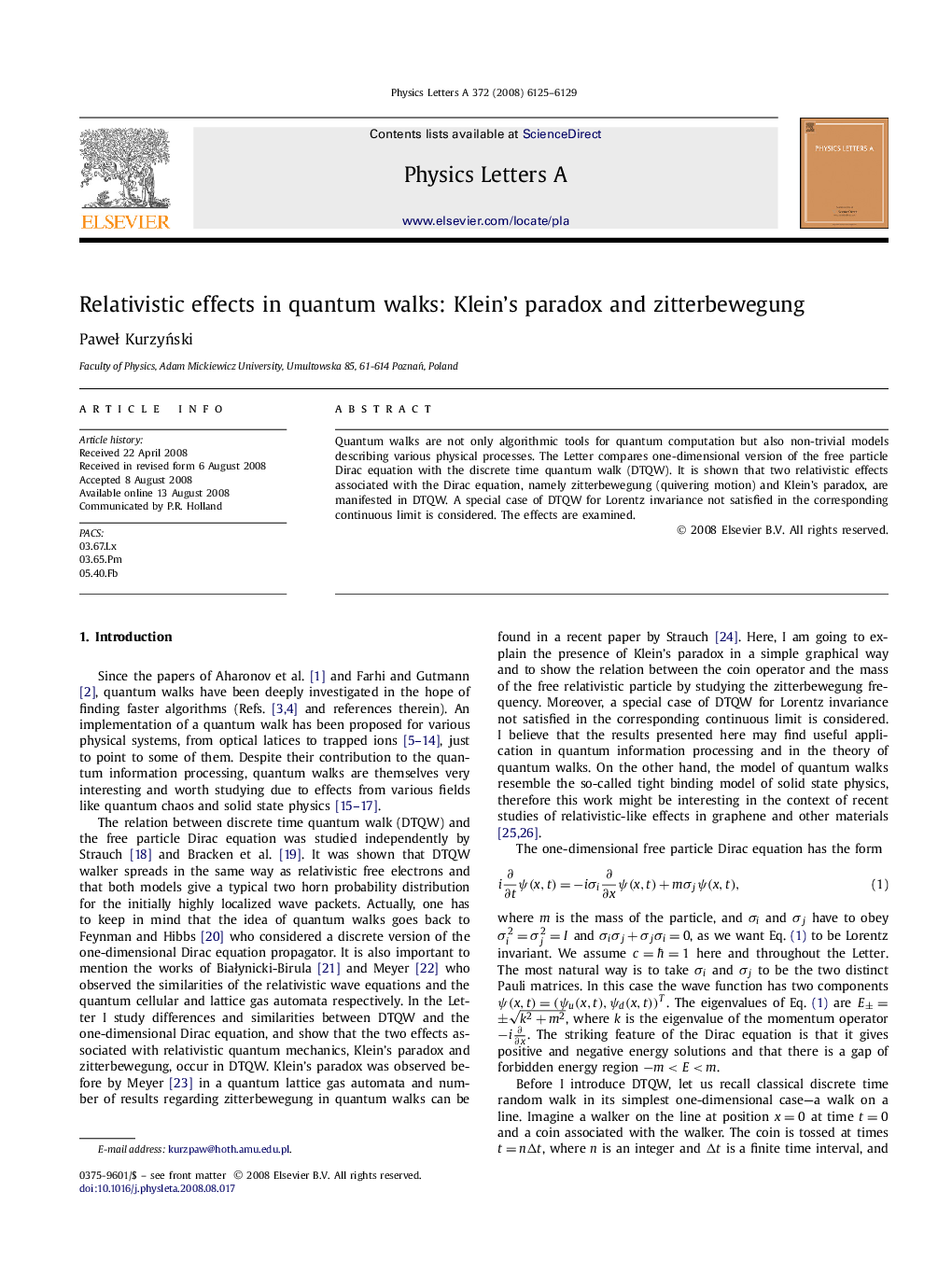 عکس صفحه اول مقاله: Relativistic effects in quantum walks: Klein's paradox and zitterbewegung Relativistic effects in quantum walks: Klein's paradox and zitterbewegung