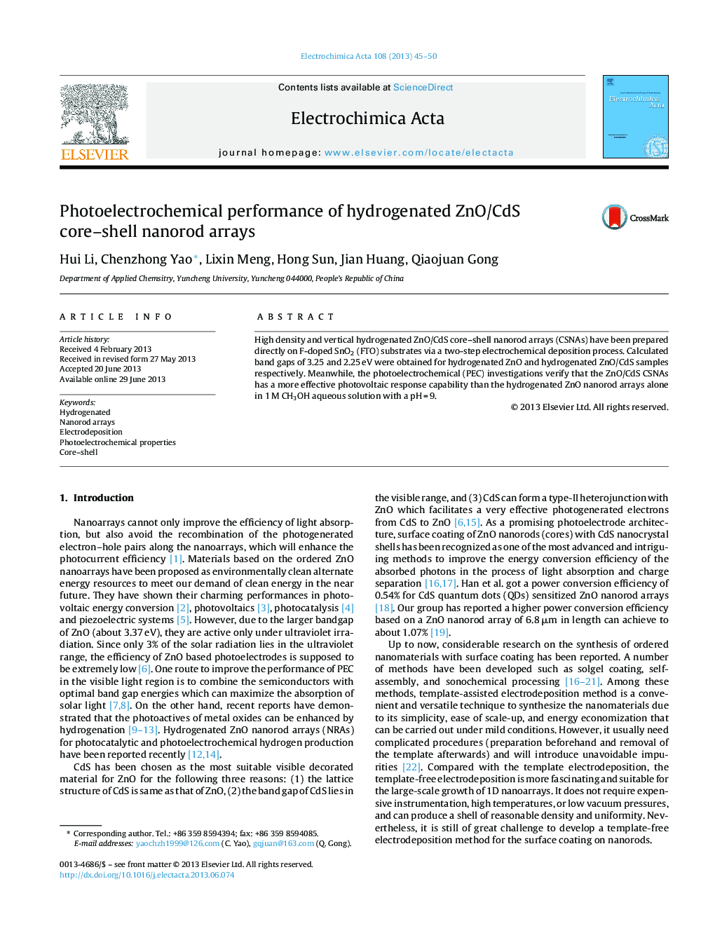 Photoelectrochemical performance of hydrogenated ZnO/CdS core–shell nanorod arrays