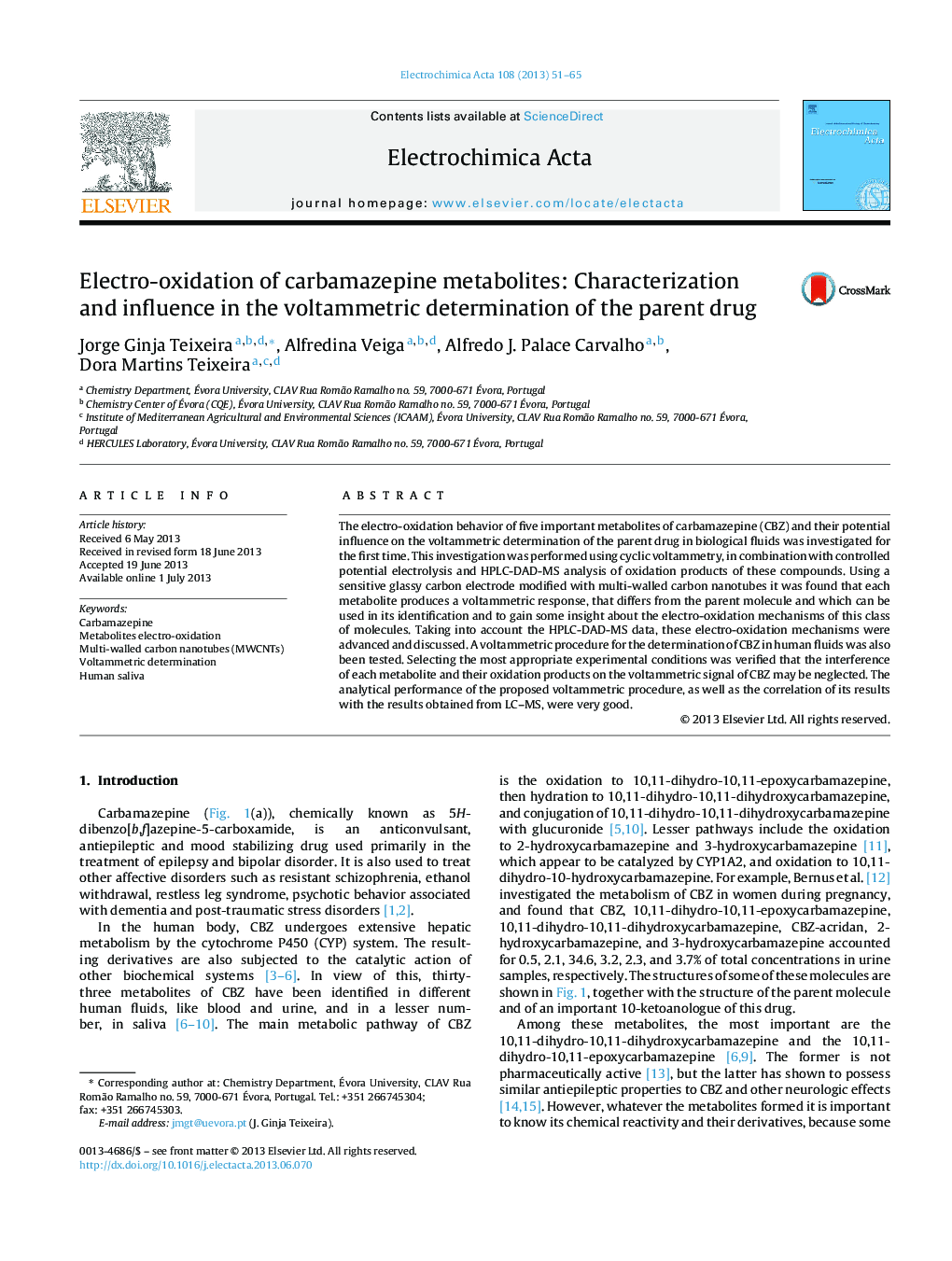 Electro-oxidation of carbamazepine metabolites: Characterization and influence in the voltammetric determination of the parent drug