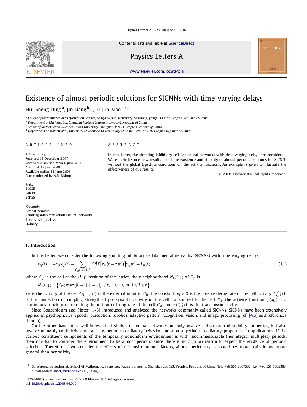 Existence of almost periodic solutions for SICNNs with time-varying delays