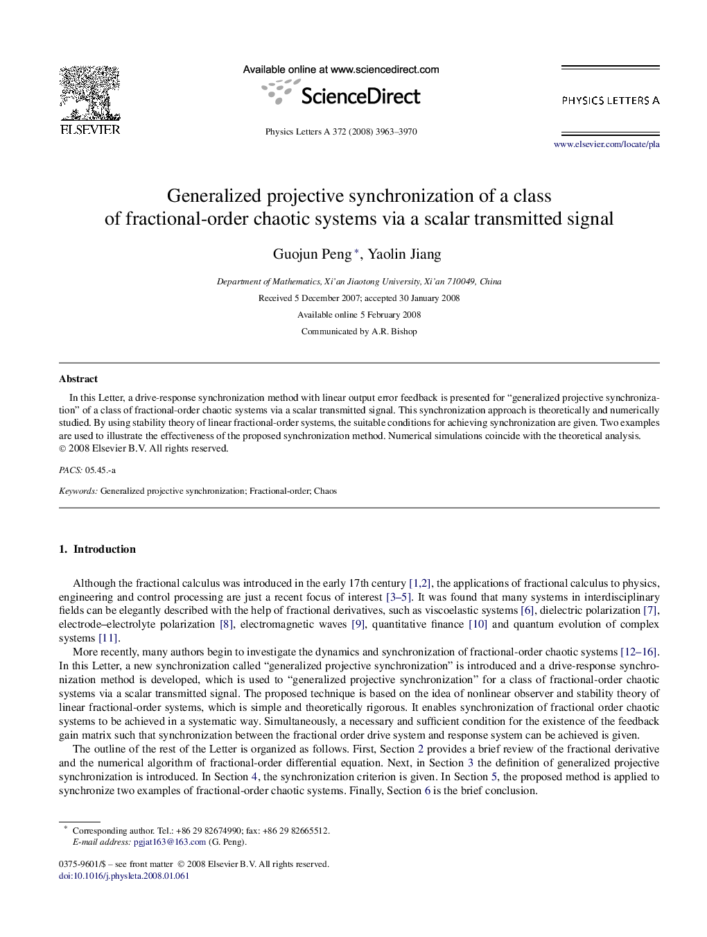 Generalized projective synchronization of a class of fractional-order chaotic systems via a scalar transmitted signal