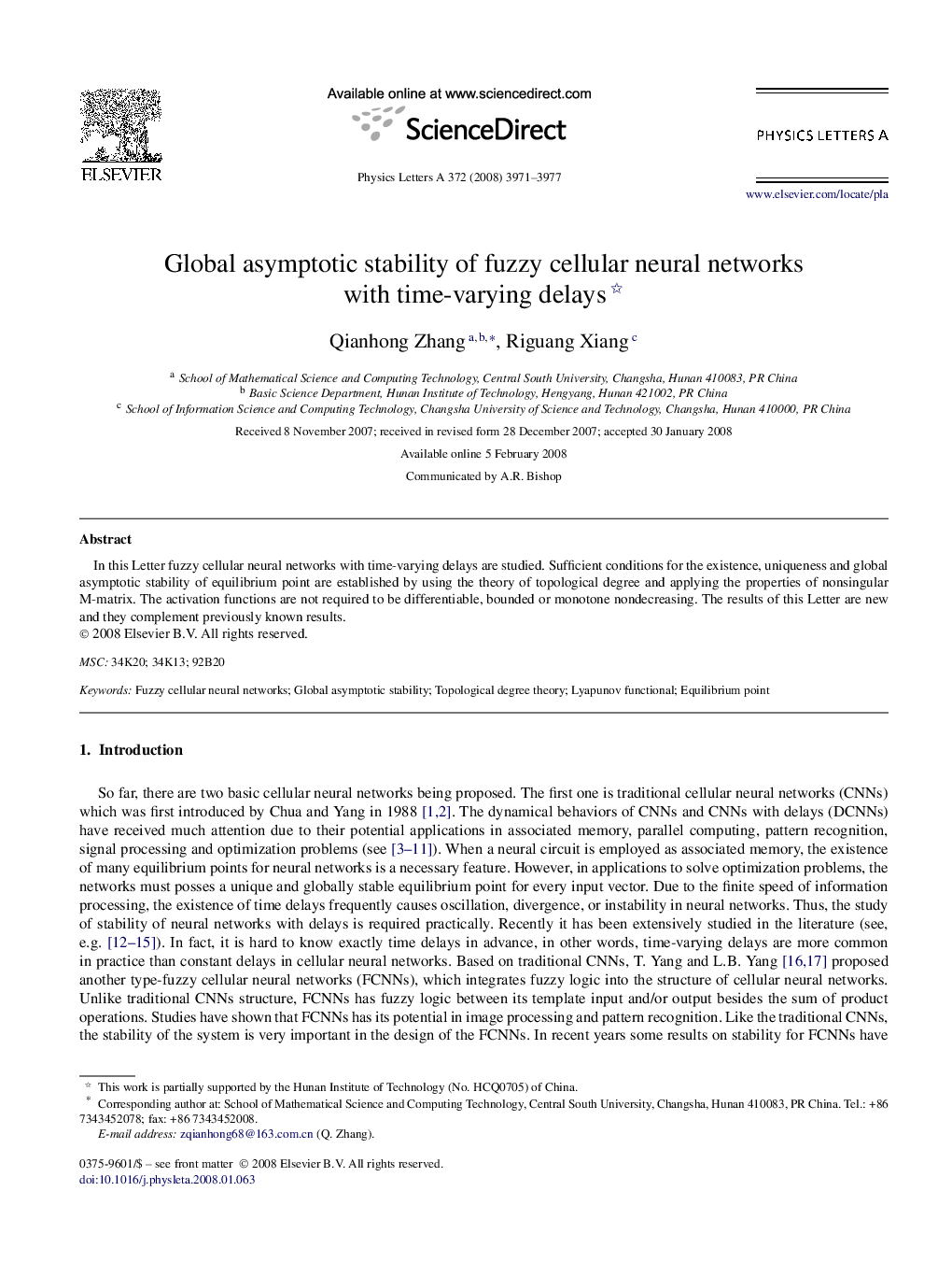 Global asymptotic stability of fuzzy cellular neural networks with time-varying delays