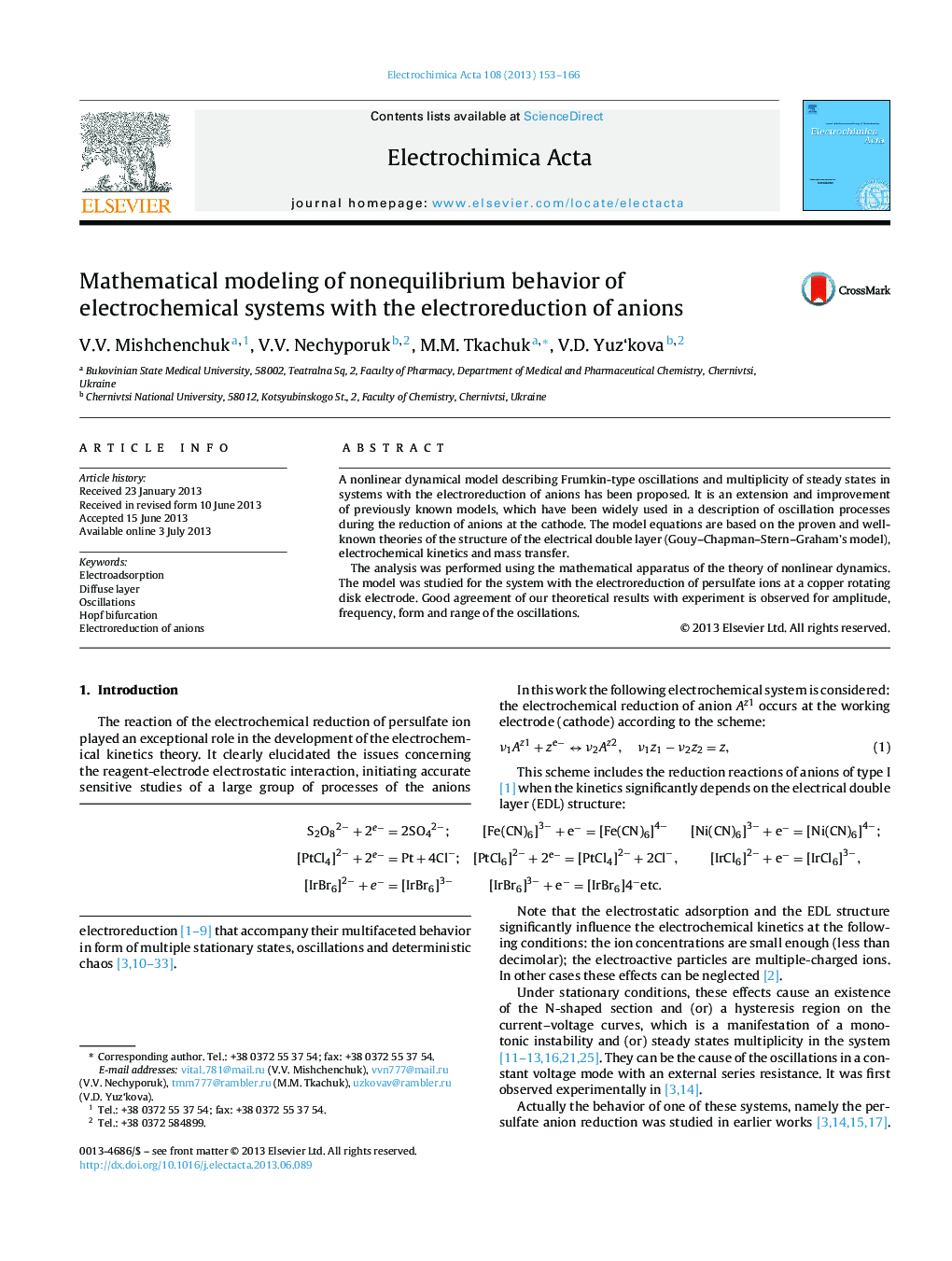 Mathematical modeling of nonequilibrium behavior of electrochemical systems with the electroreduction of anions