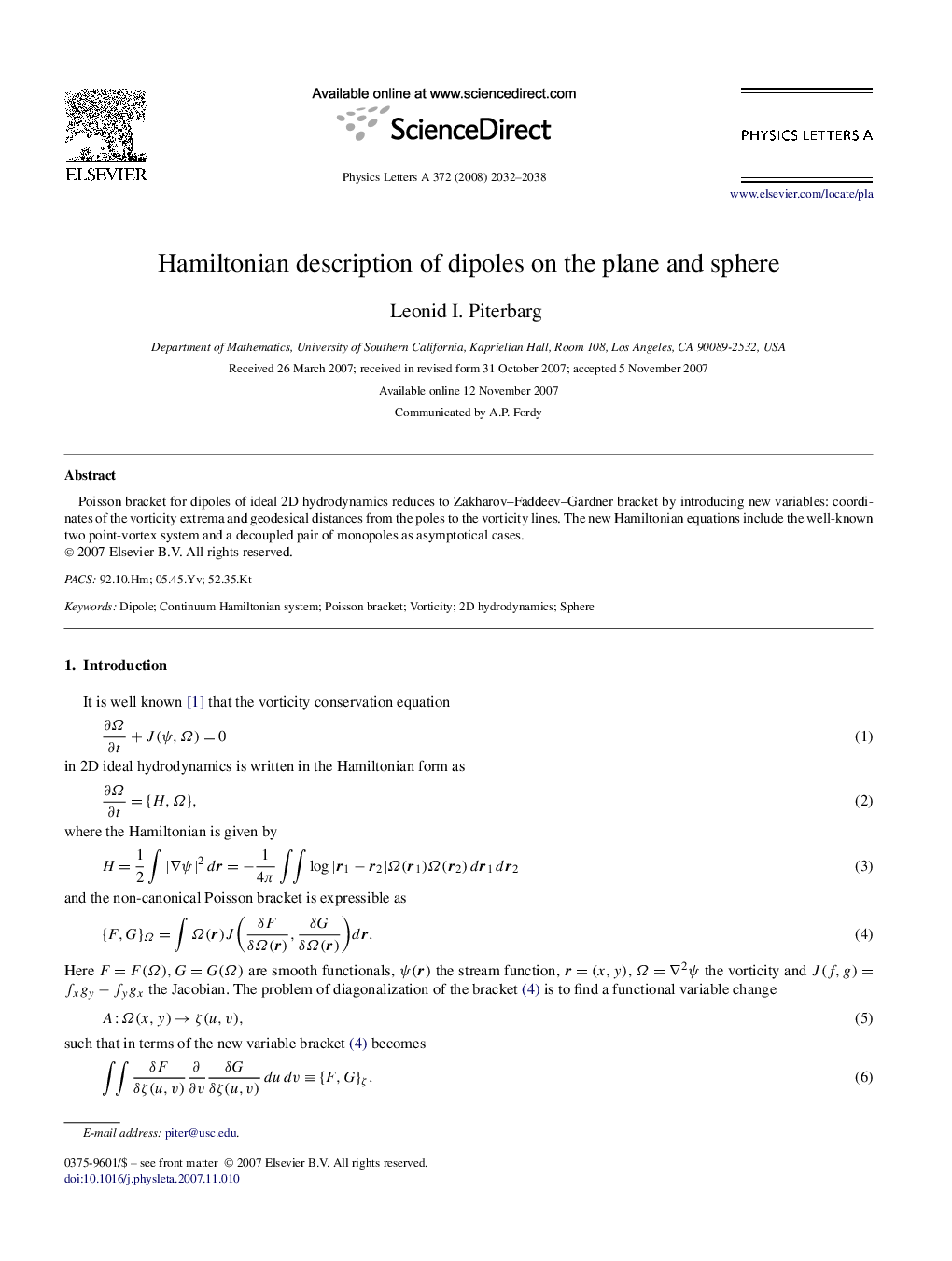 Hamiltonian description of dipoles on the plane and sphere