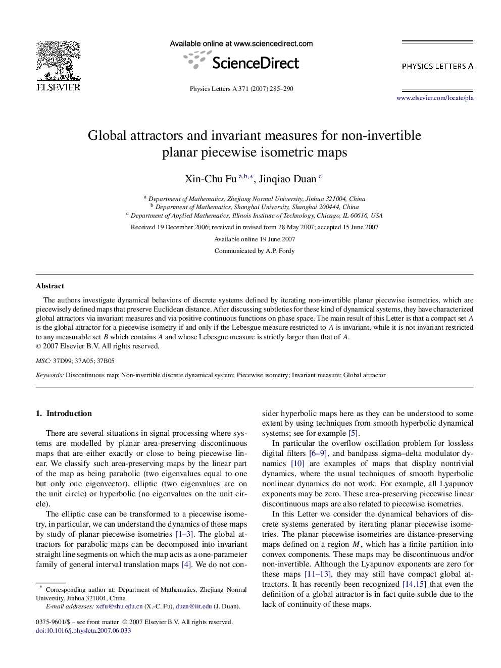 Global attractors and invariant measures for non-invertible planar piecewise isometric maps