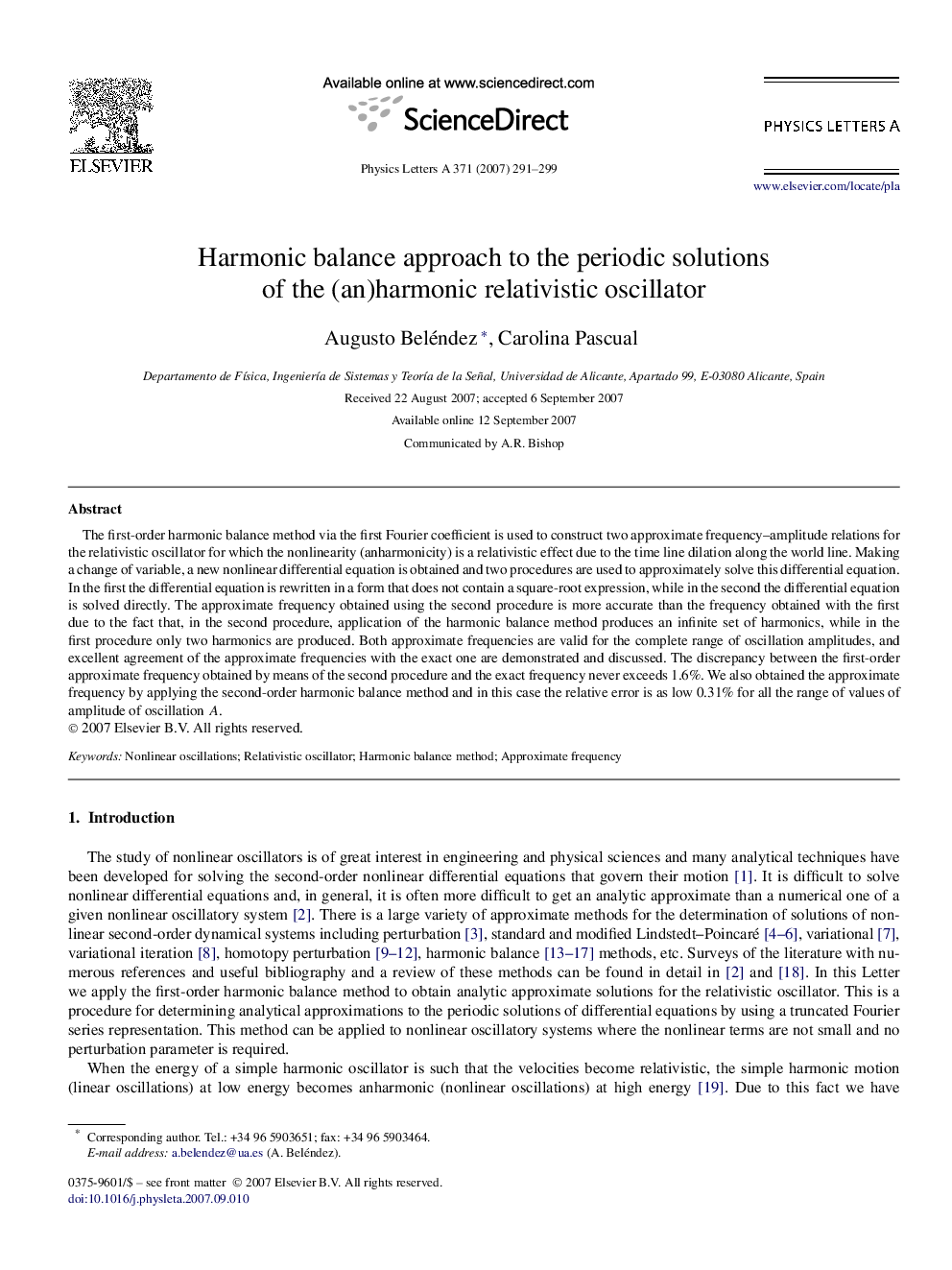 Harmonic balance approach to the periodic solutions of the (an)harmonic relativistic oscillator