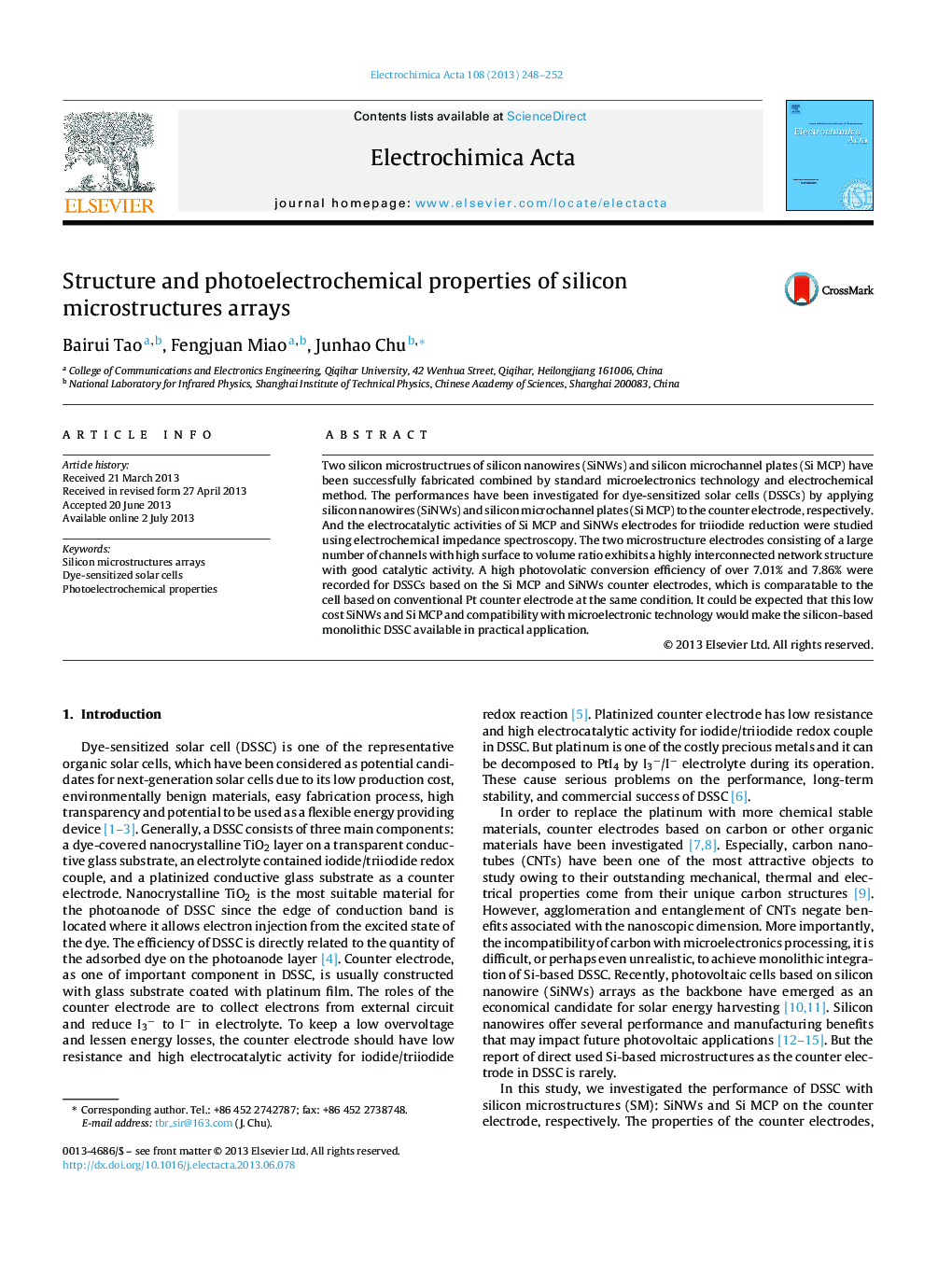 Structure and photoelectrochemical properties of silicon microstructures arrays