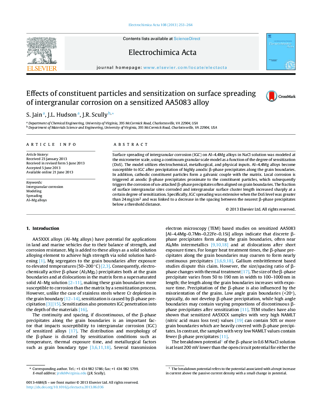 عکس صفحه اول مقاله: Effects of constituent particles and sensitization on surface spreading of intergranular corrosion on a sensitized AA5083 alloy Effects of constituent particles and sensitization on surface spreading of intergranular corrosion on a sensitized AA5083 alloy