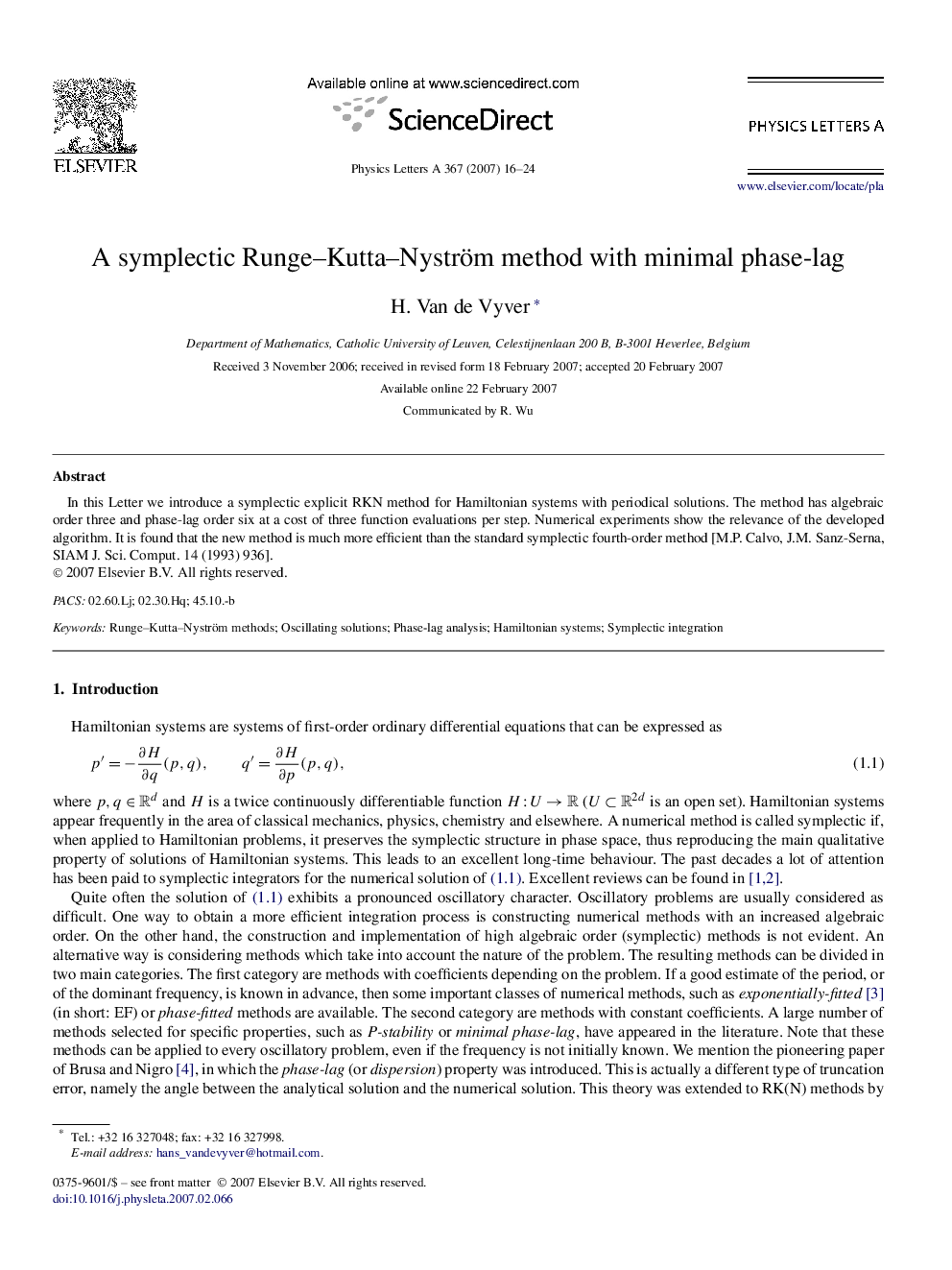 A symplectic Runge–Kutta–Nyström method with minimal phase-lag