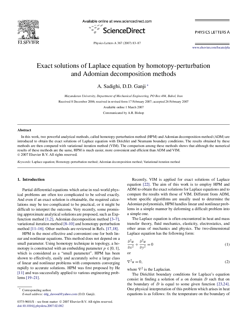 Exact solutions of Laplace equation by homotopy-perturbation and Adomian decomposition methods