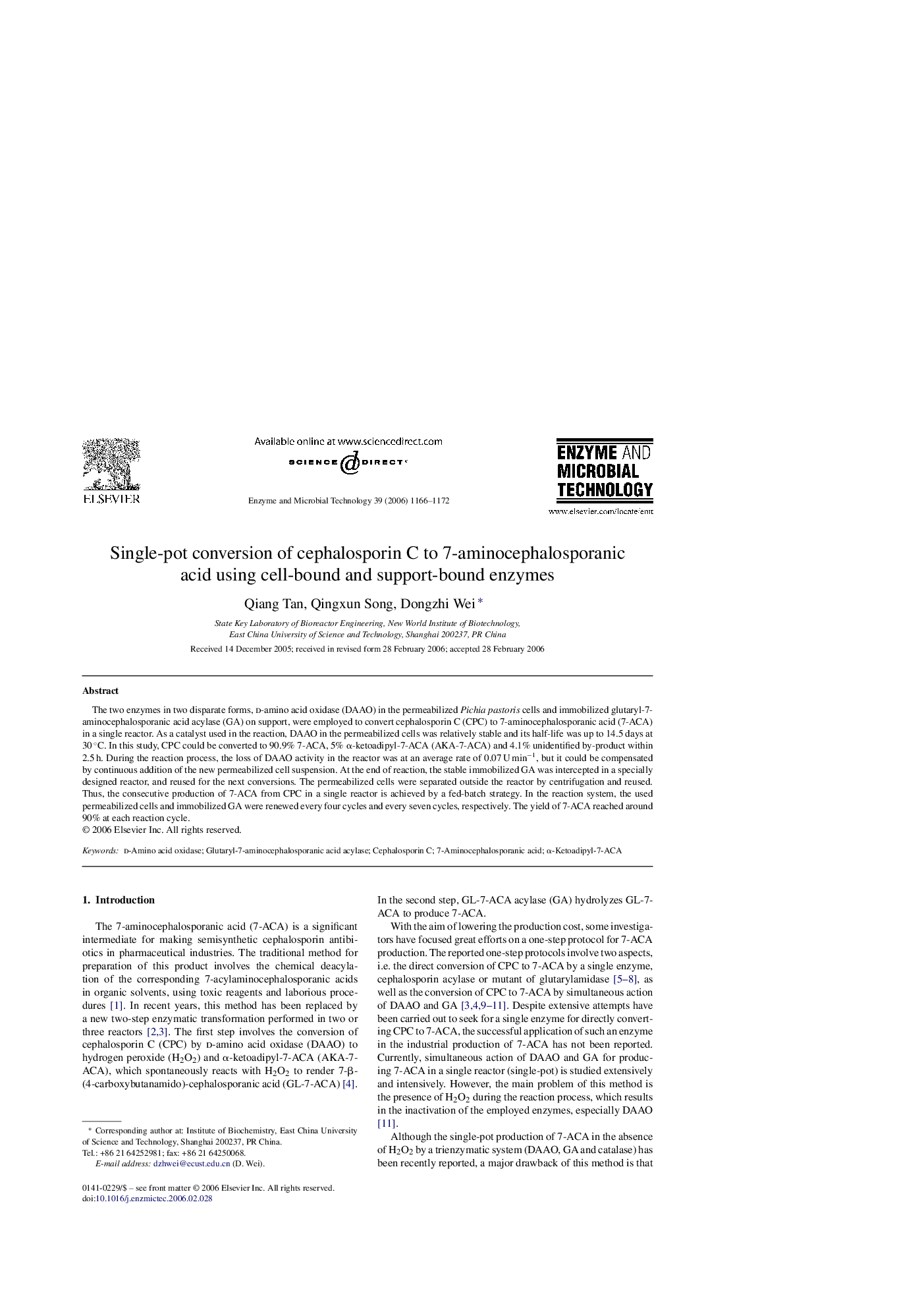 Single-pot conversion of cephalosporin C to 7-aminocephalosporanic acid using cell-bound and support-bound enzymes