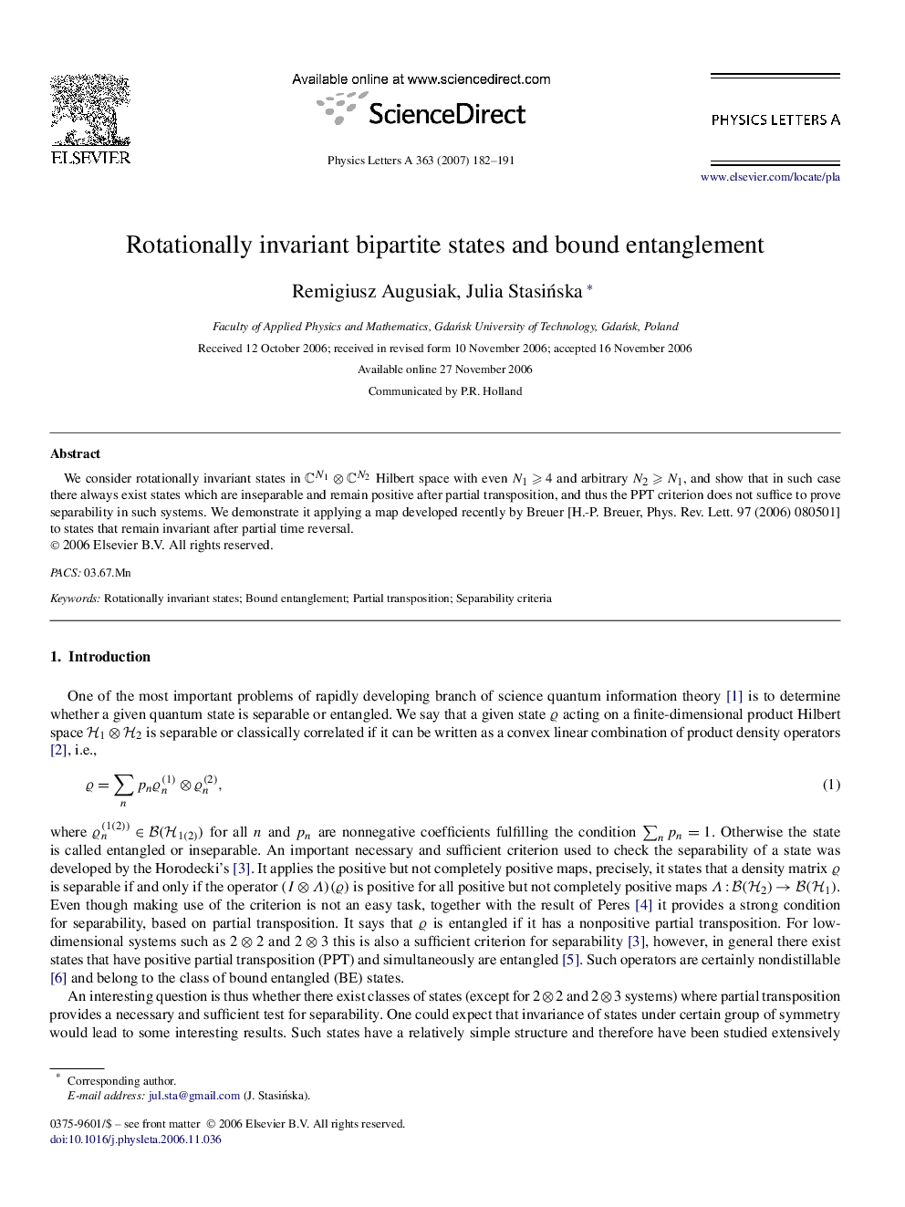 Rotationally invariant bipartite states and bound entanglement