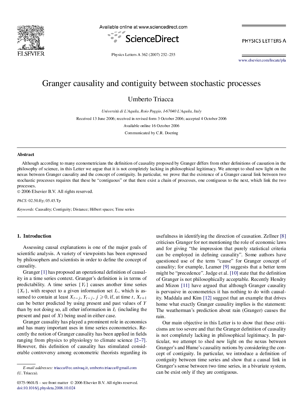 Granger causality and contiguity between stochastic processes