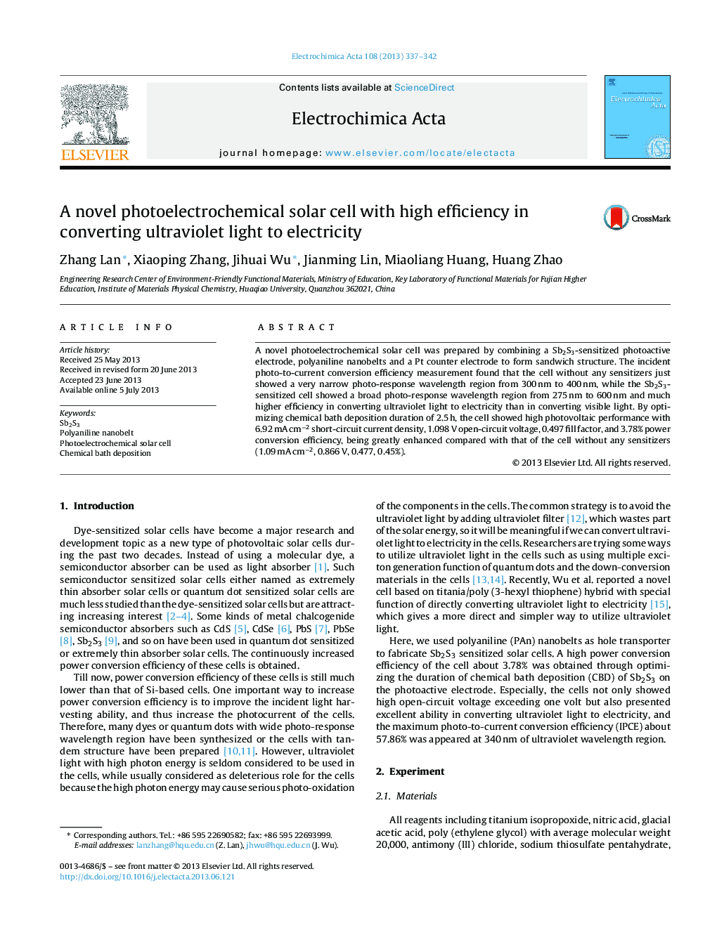 A novel photoelectrochemical solar cell with high efficiency in converting ultraviolet light to electricity