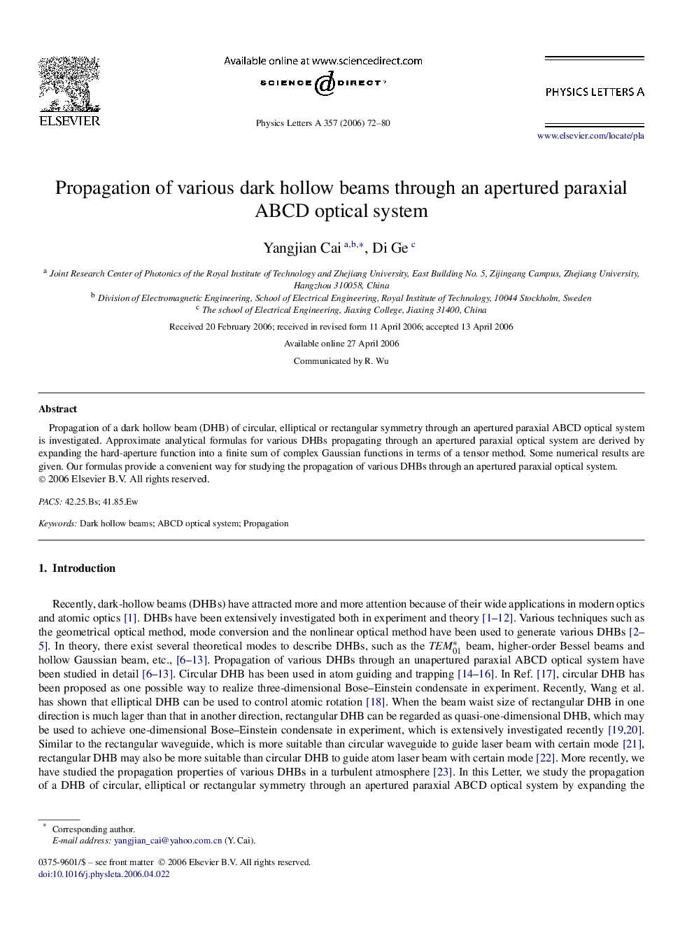 عکس صفحه اول مقاله: Propagation of various dark hollow beams through an apertured paraxial ABCD optical system Propagation of various dark hollow beams through an apertured paraxial ABCD optical system