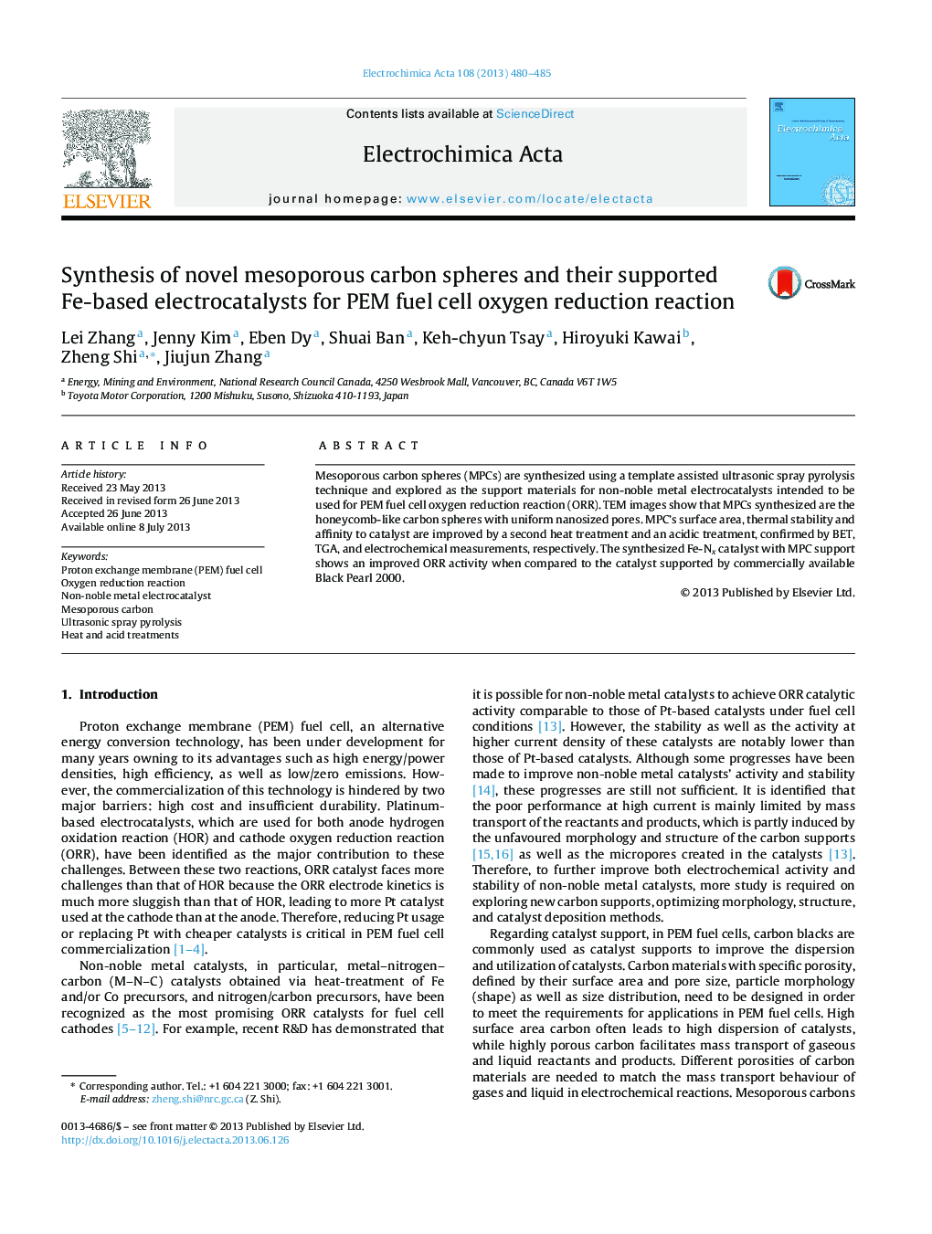 Synthesis of novel mesoporous carbon spheres and their supported Fe-based electrocatalysts for PEM fuel cell oxygen reduction reaction