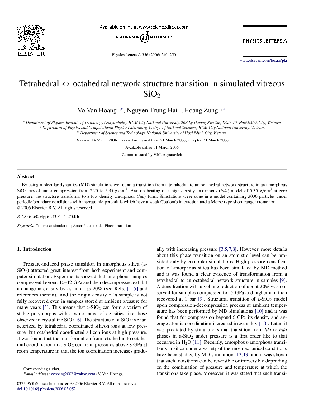 Tetrahedral ↔ octahedral network structure transition in simulated vitreous SiO2