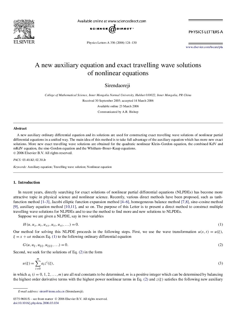 A new auxiliary equation and exact travelling wave solutions of nonlinear equations