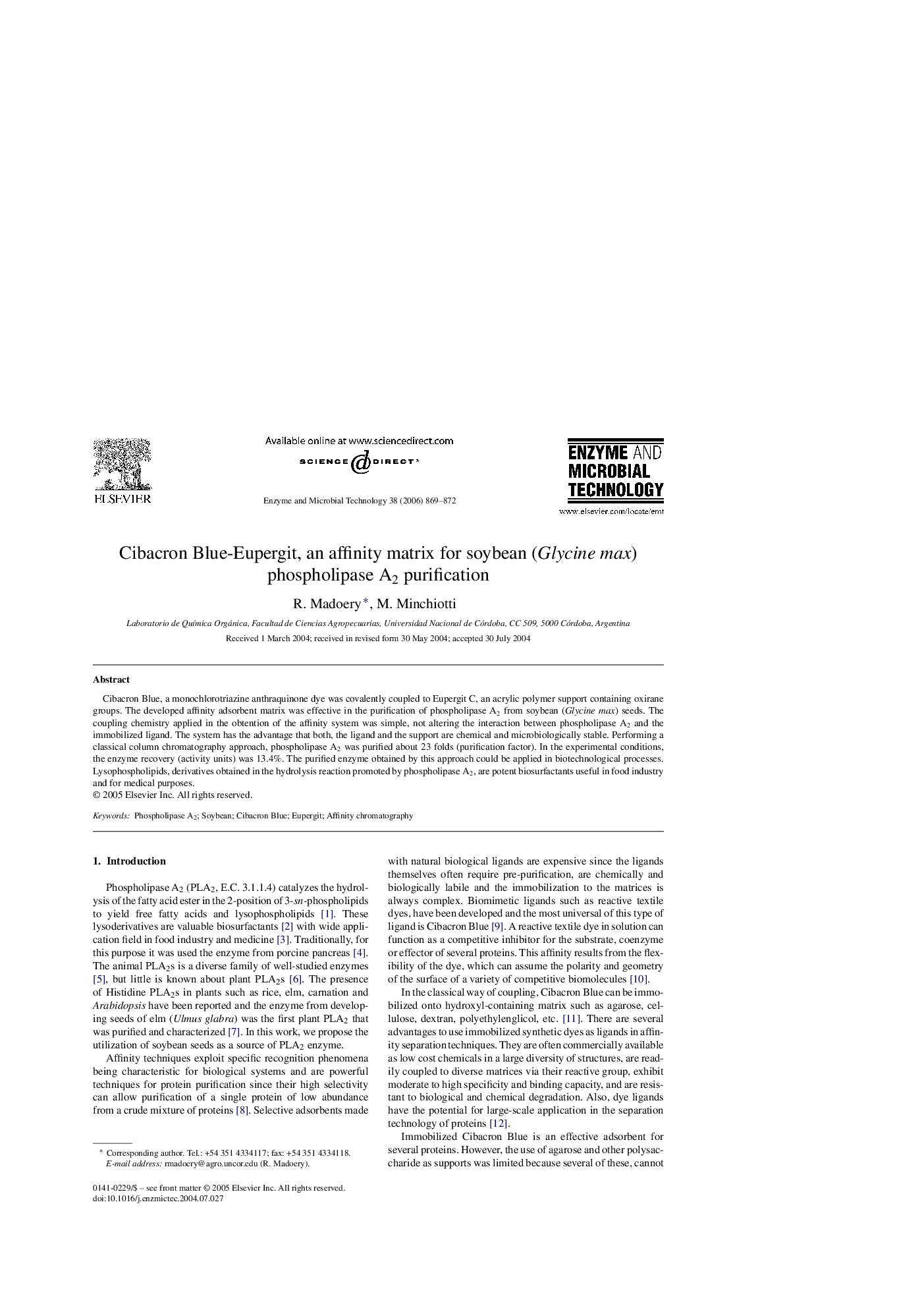 Cibacron Blue-Eupergit, an affinity matrix for soybean (Glycine max) phospholipase A2 purification