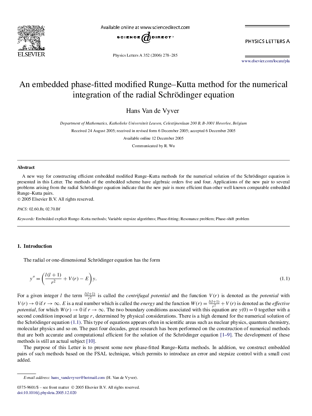 An embedded phase-fitted modified Runge-Kutta method for the numerical integration of the radial Schrödinger equation