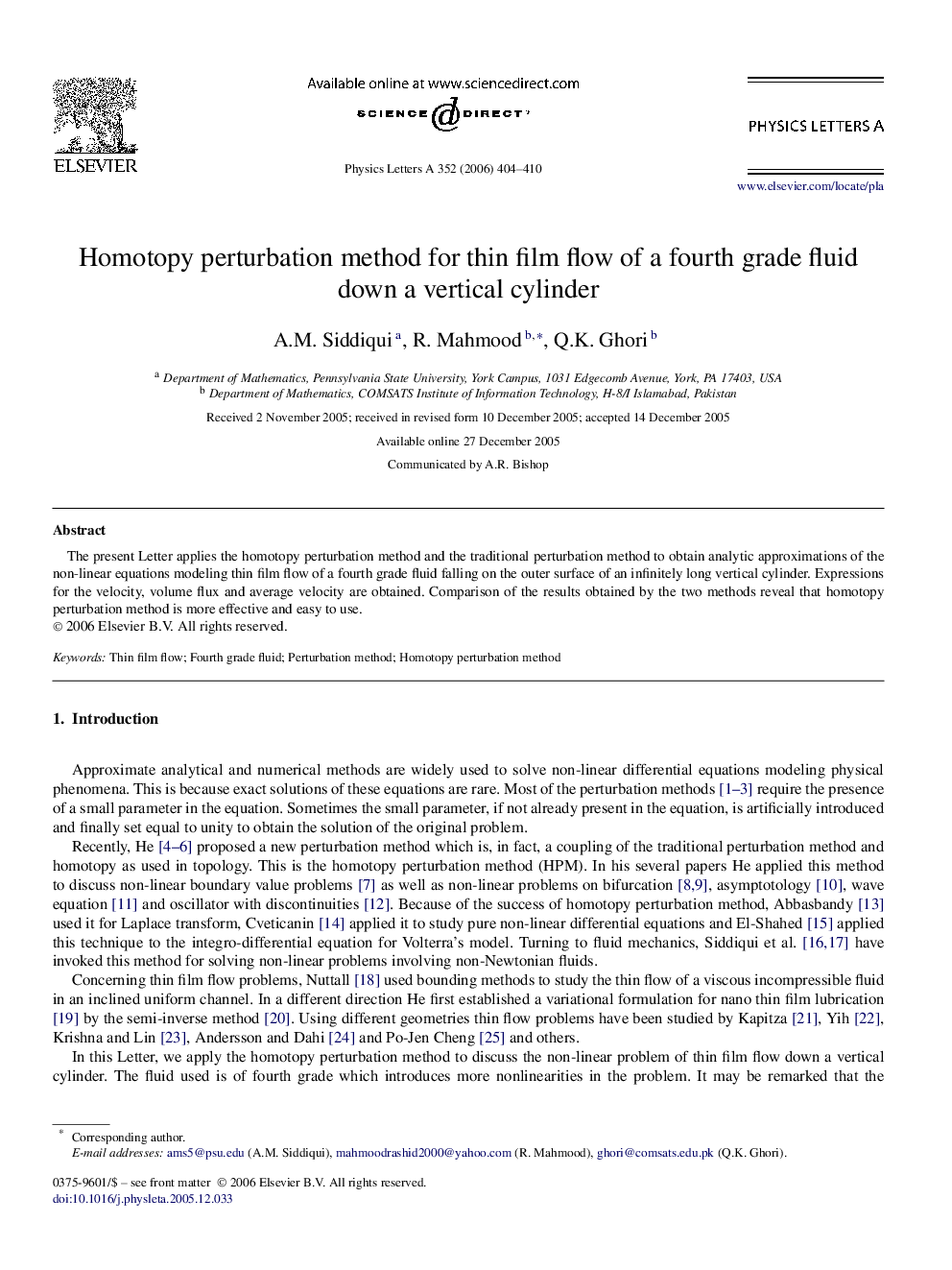 Homotopy perturbation method for thin film flow of a fourth grade fluid down a vertical cylinder