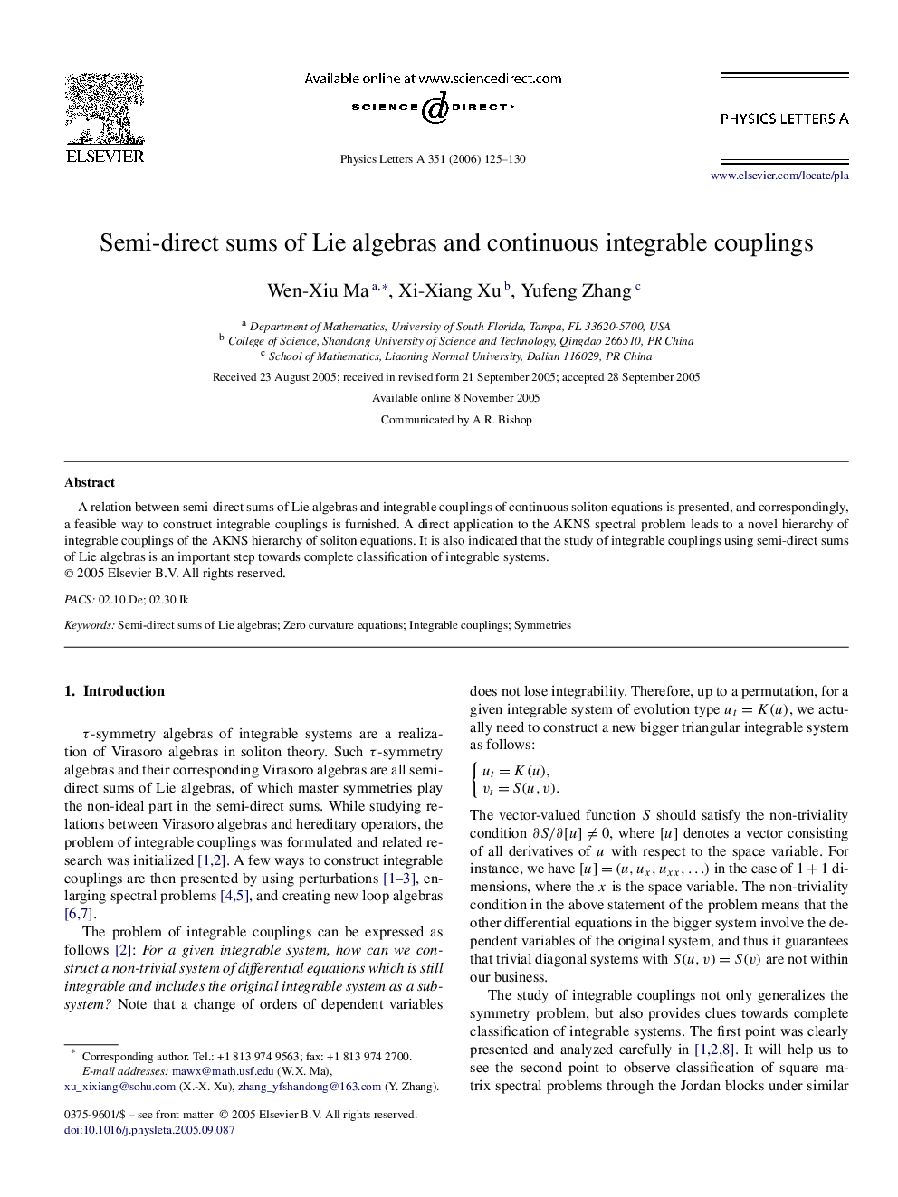 Semi-direct sums of Lie algebras and continuous integrable couplings