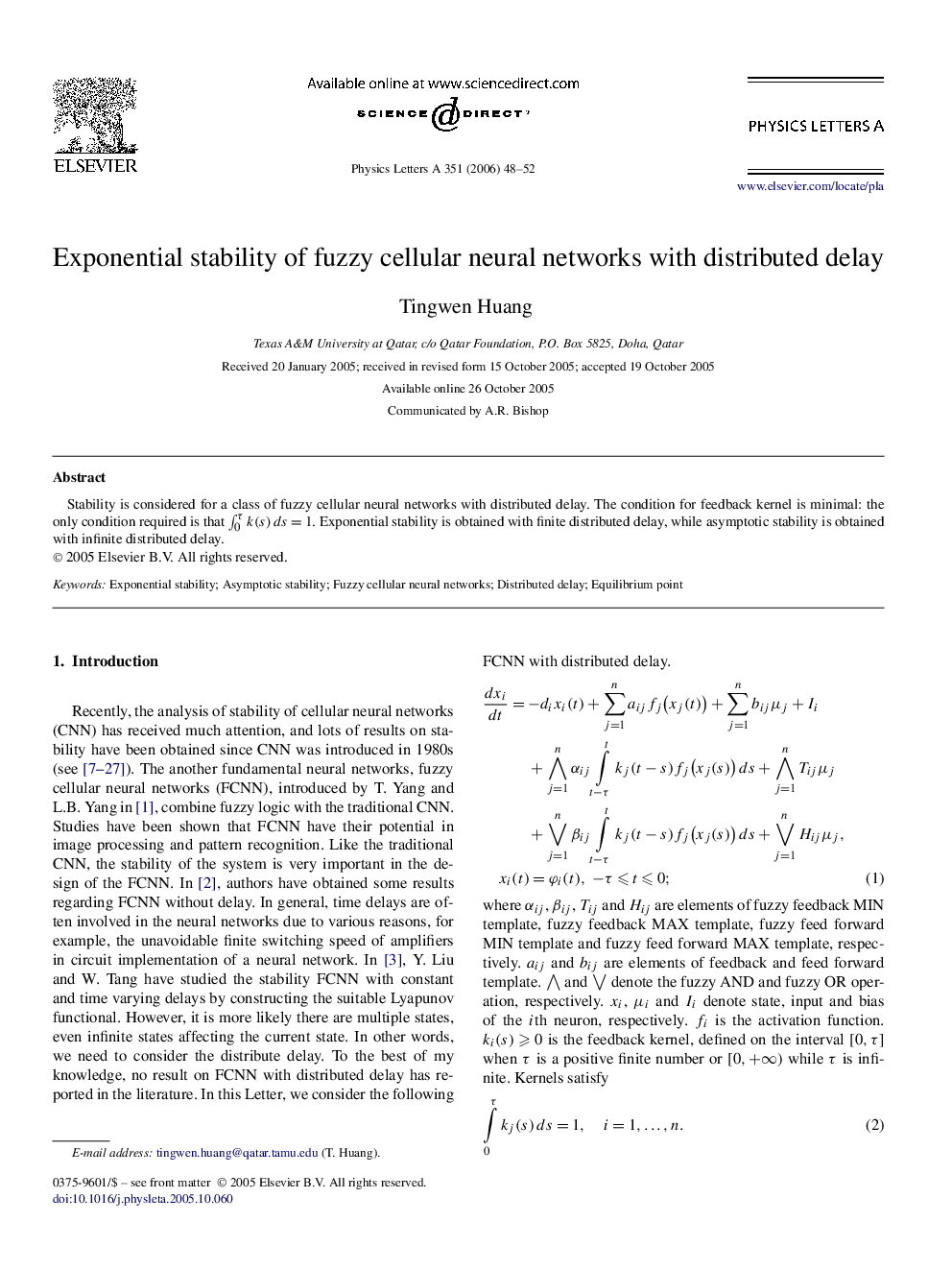 Exponential stability of fuzzy cellular neural networks with distributed delay