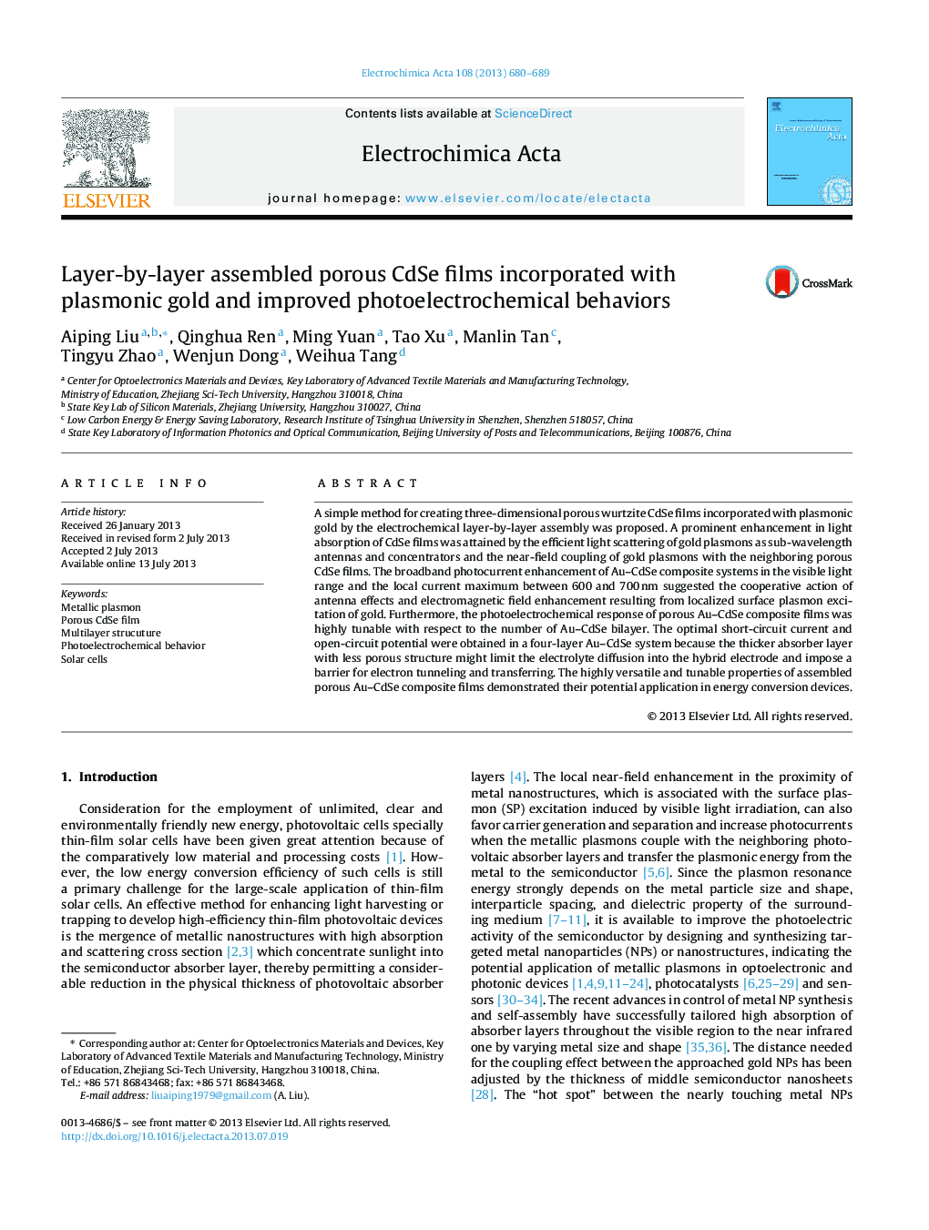 Layer-by-layer assembled porous CdSe films incorporated with plasmonic gold and improved photoelectrochemical behaviors