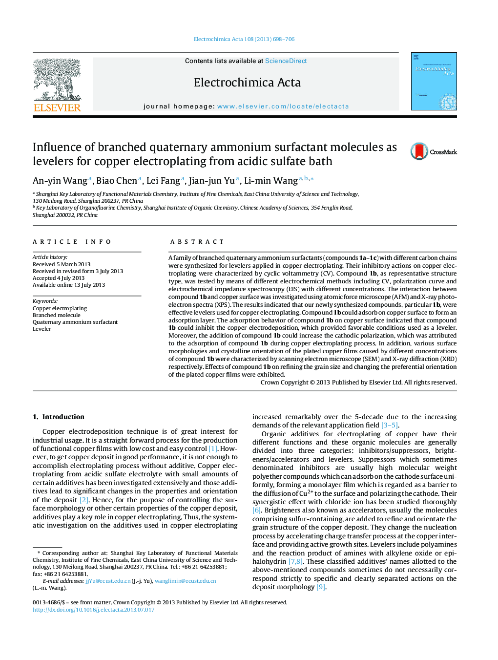 Influence of branched quaternary ammonium surfactant molecules as levelers for copper electroplating from acidic sulfate bath