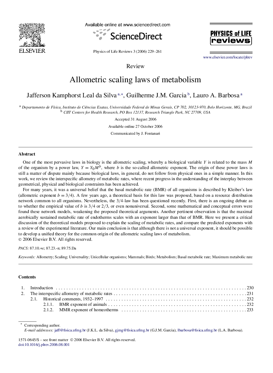 Allometric scaling laws of metabolism