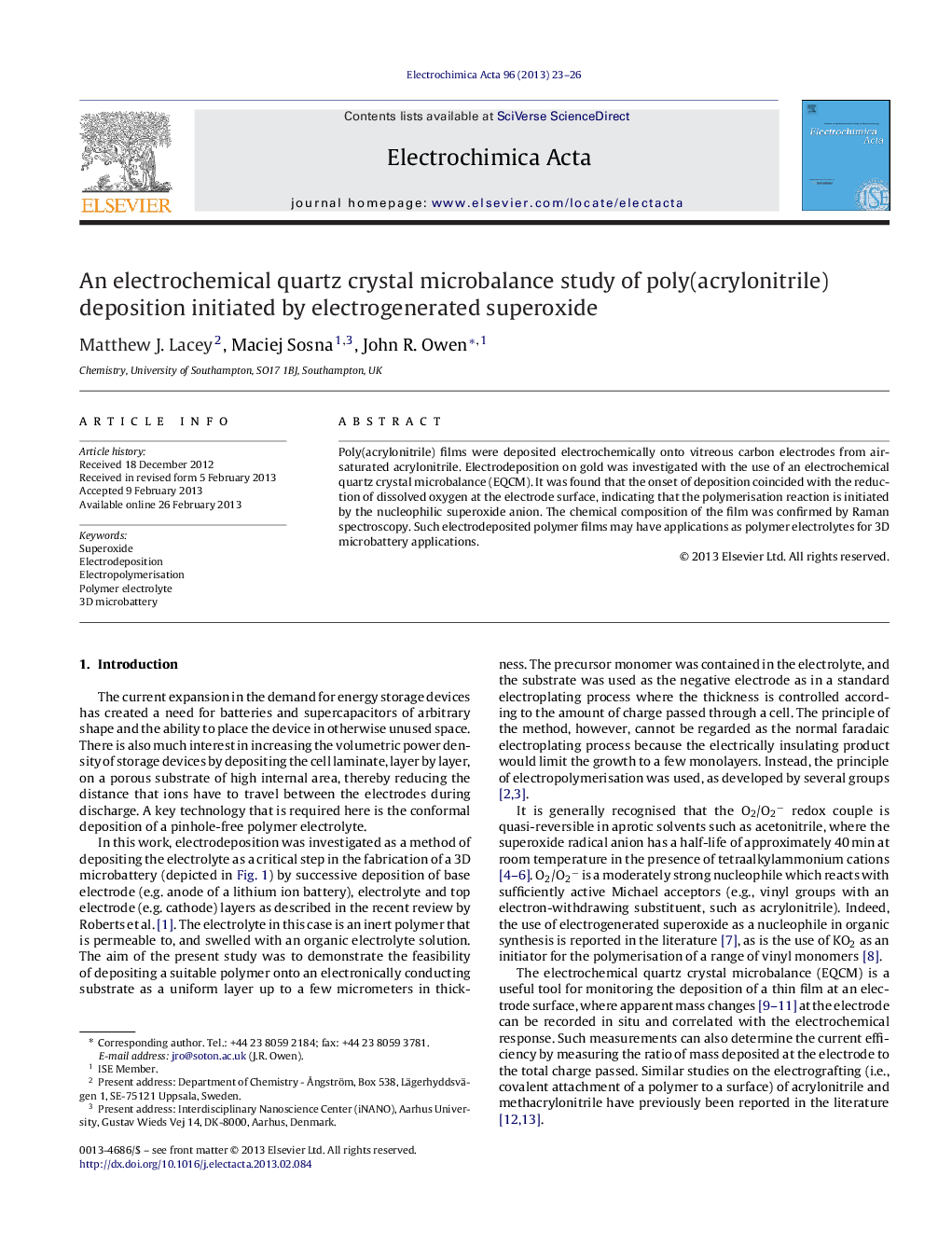 An electrochemical quartz crystal microbalance study of poly(acrylonitrile) deposition initiated by electrogenerated superoxide