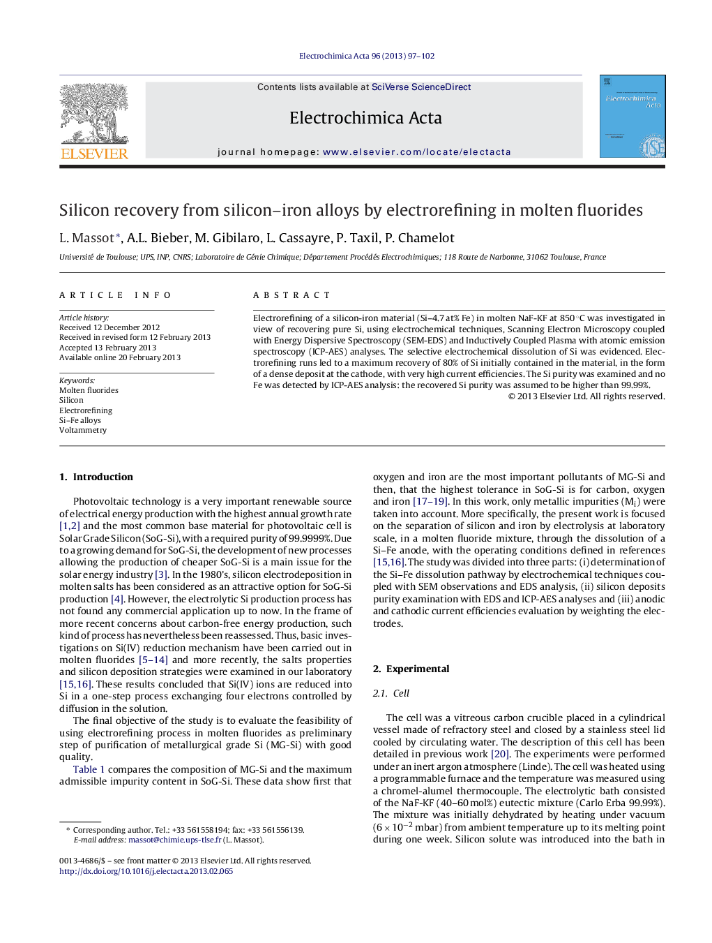 Silicon recovery from silicon–iron alloys by electrorefining in molten fluorides