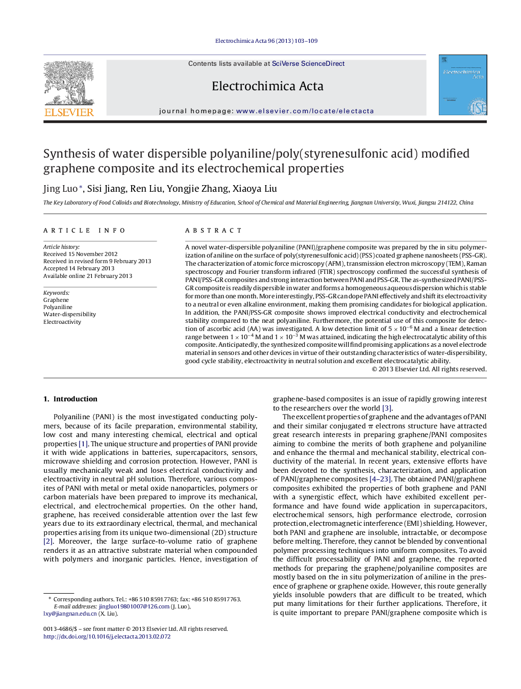 Synthesis of water dispersible polyaniline/poly(styrenesulfonic acid) modified graphene composite and its electrochemical properties