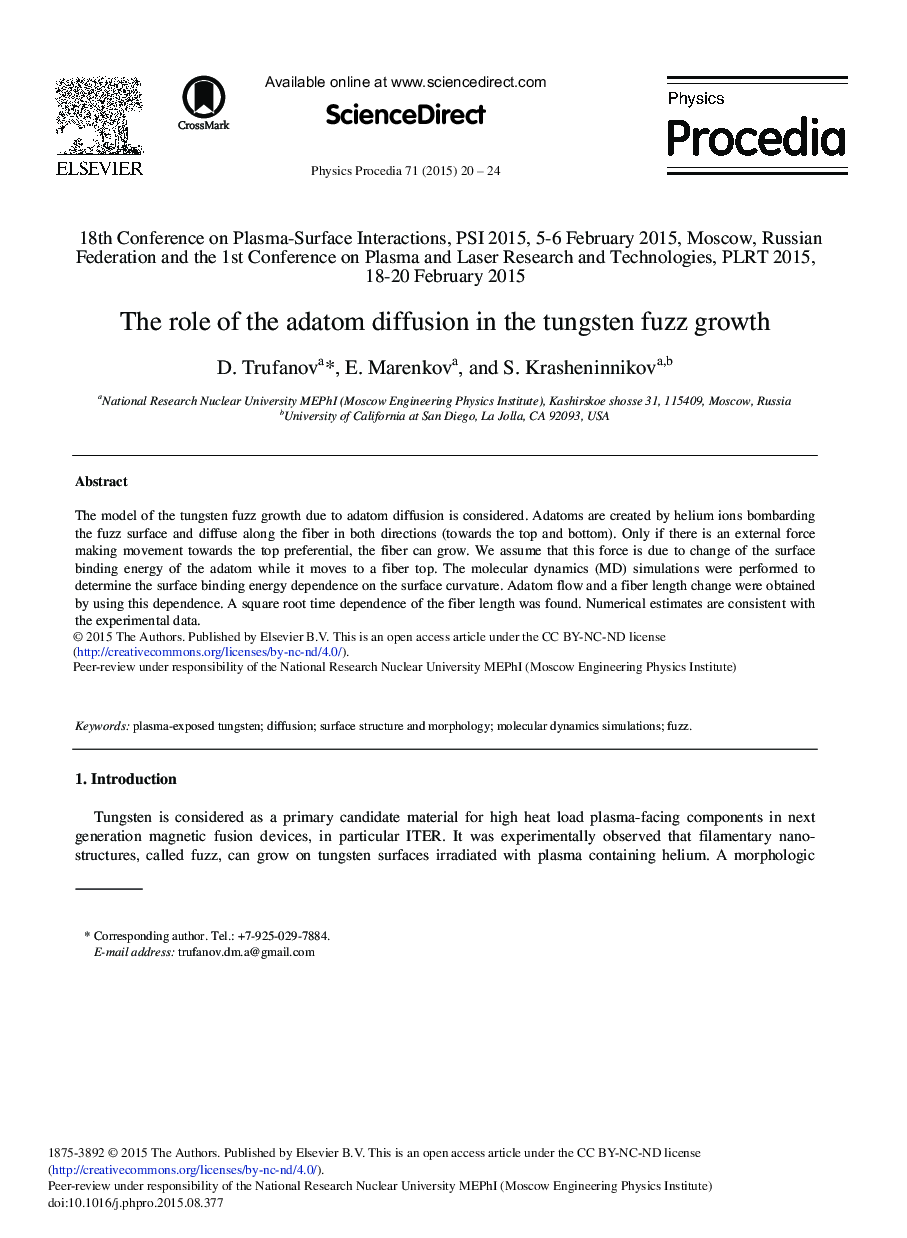 عکس صفحه اول مقاله: The Role of the Adatom Diffusion in the Tungsten Fuzz Growth The Role of the Adatom Diffusion in the Tungsten Fuzz Growth