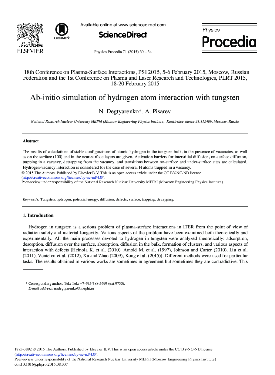 عکس صفحه اول مقاله: Ab-initio Simulation of Hydrogen Atom Interaction with Tungsten Ab-initio Simulation of Hydrogen Atom Interaction with Tungsten